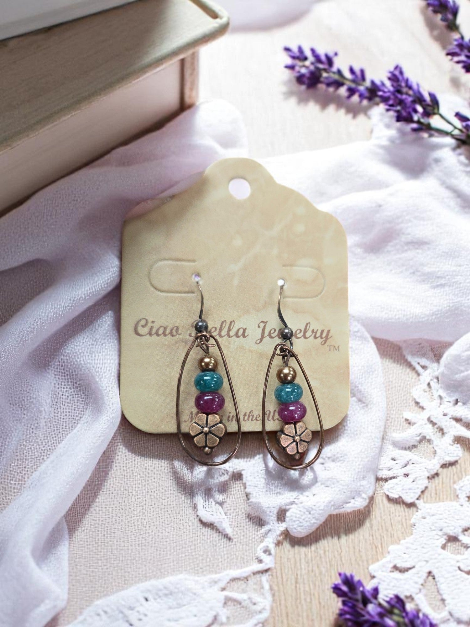 Women's Bohemian Copper Teardrop Petal Drop Earrings