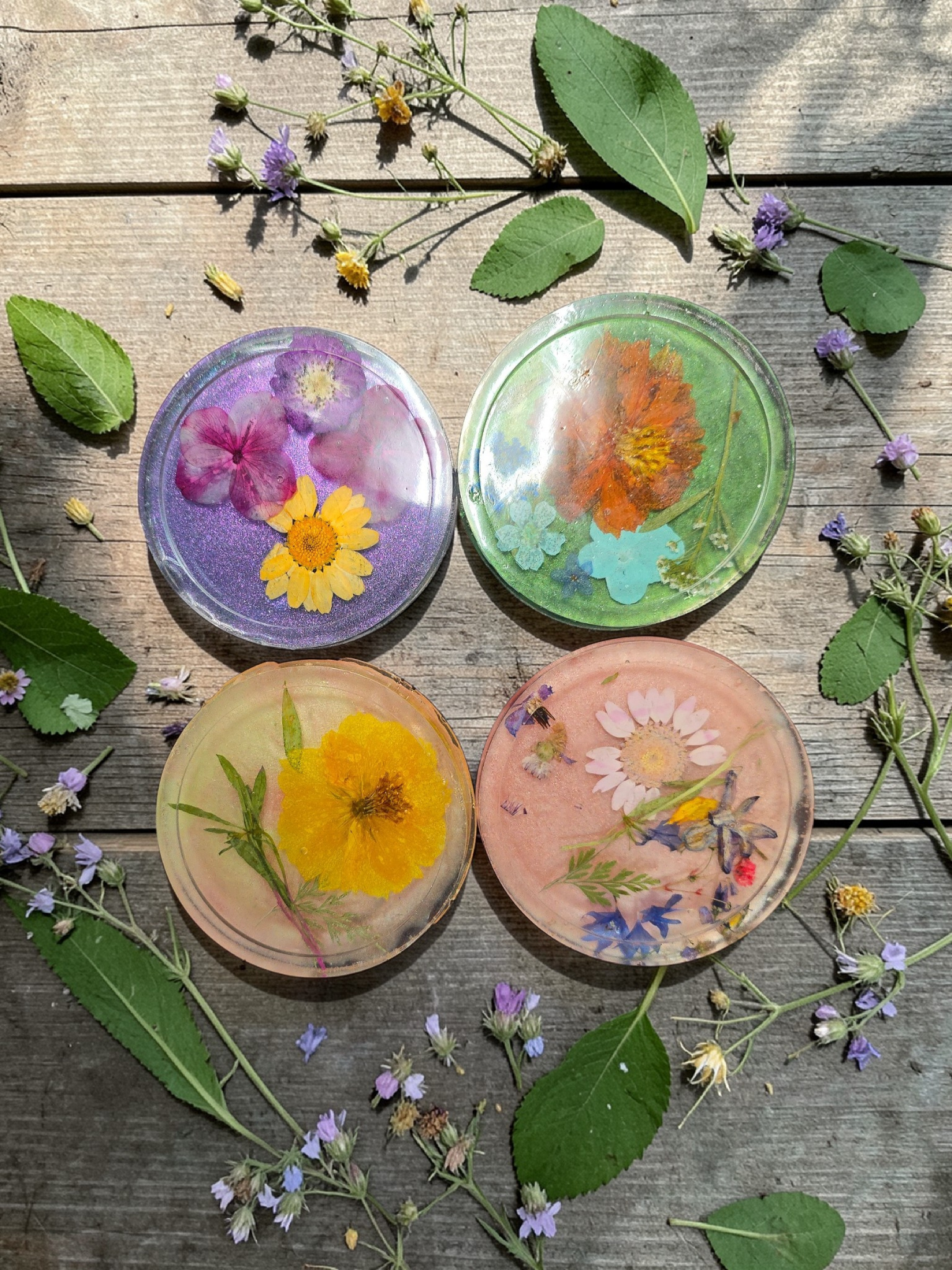 Handmade Real Flower Colorful Coasters - Set of 2 or 4