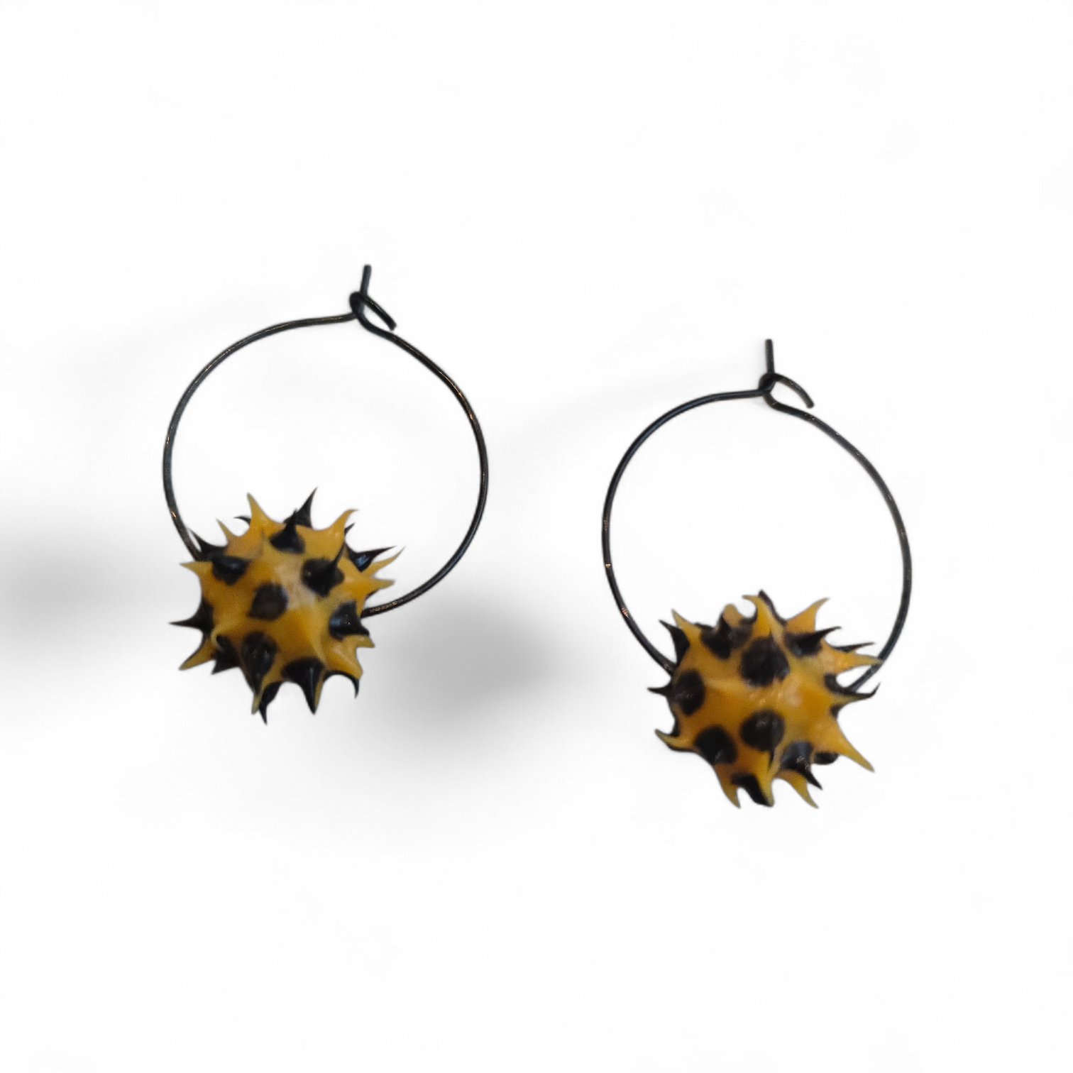 Edgy Appeal: Antique Silver Dangle Earrings with Black & Yellow Spiked Ball