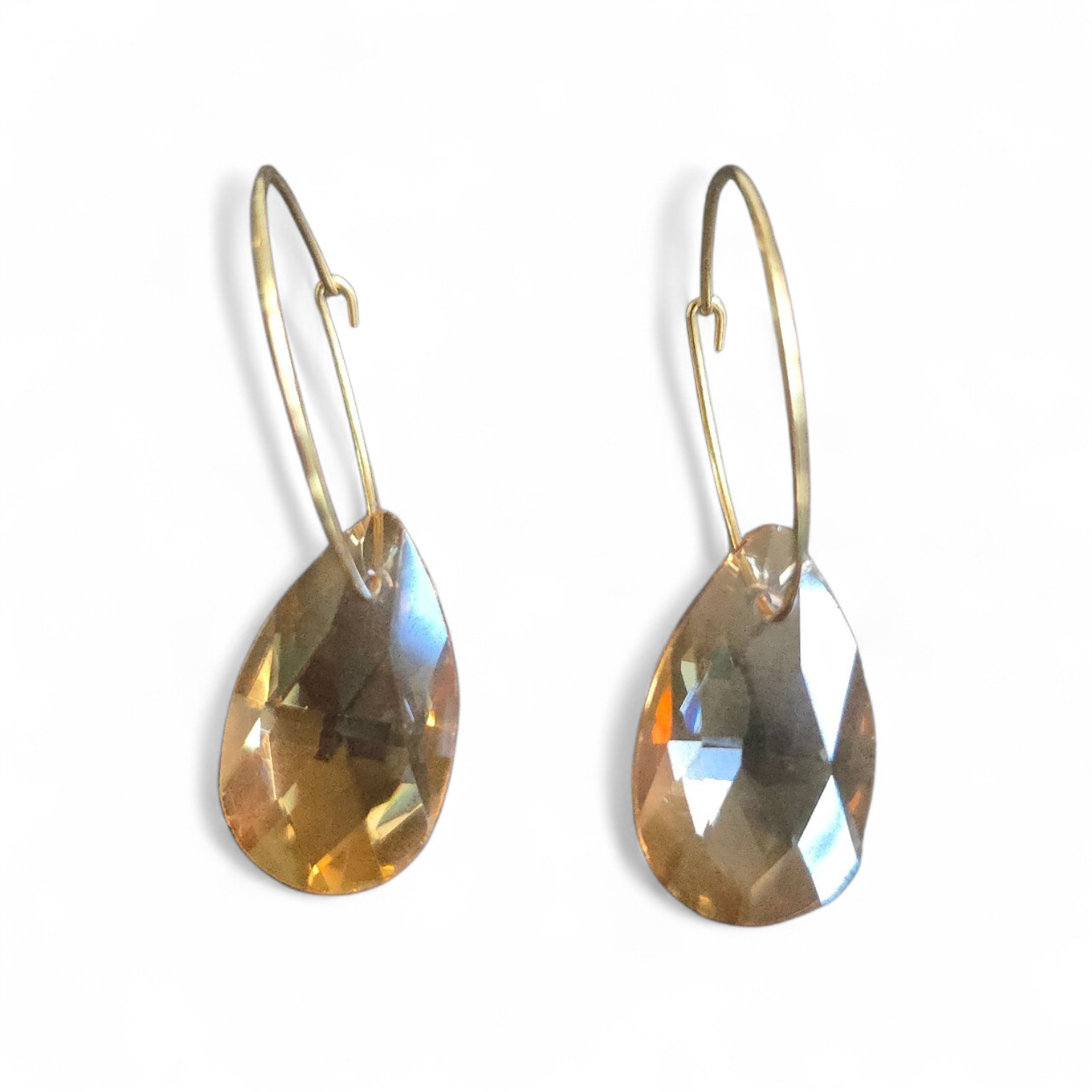 Elegant Crystal Teardrop Earrings in Shimmering Gray and Light Orange Colors