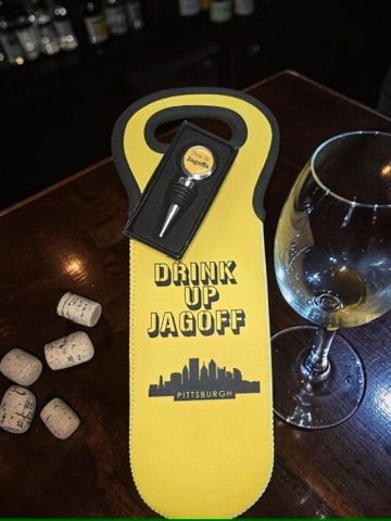 "Drink Up Jagoff" Pittsburgh Wine Bag and Wine Bottle Stopper