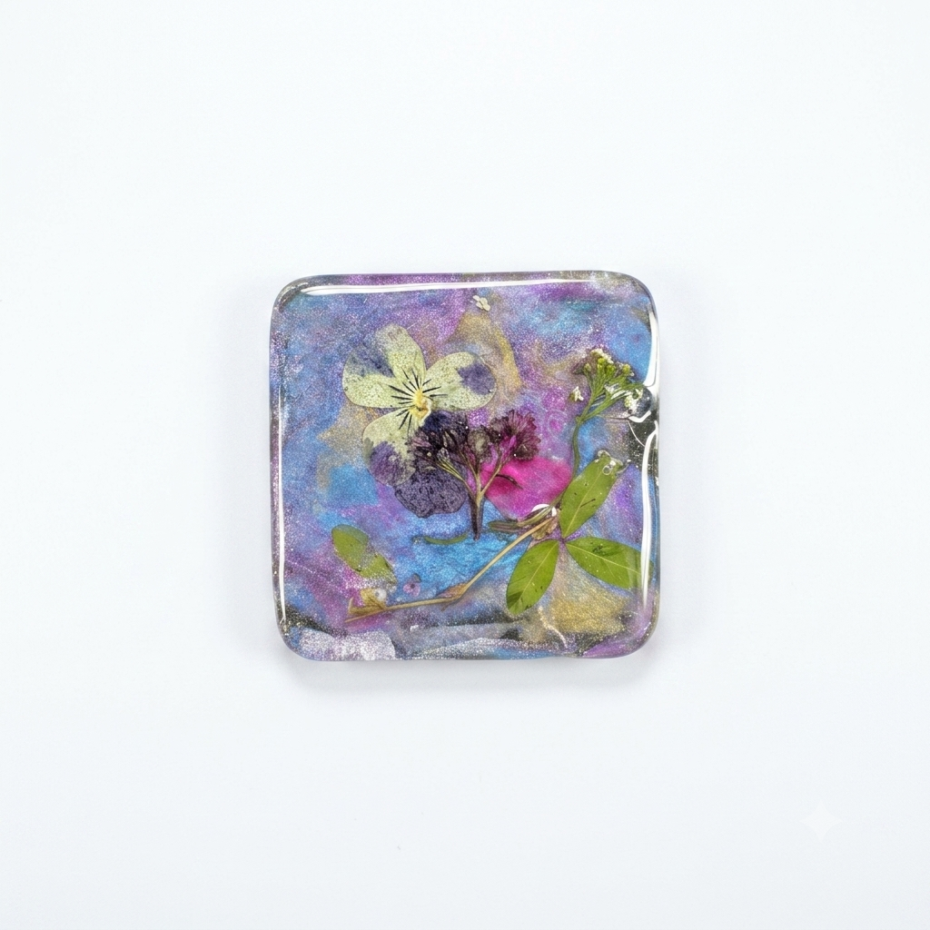 Set of Four Pressed Flower Resin Botanical Square Magnets