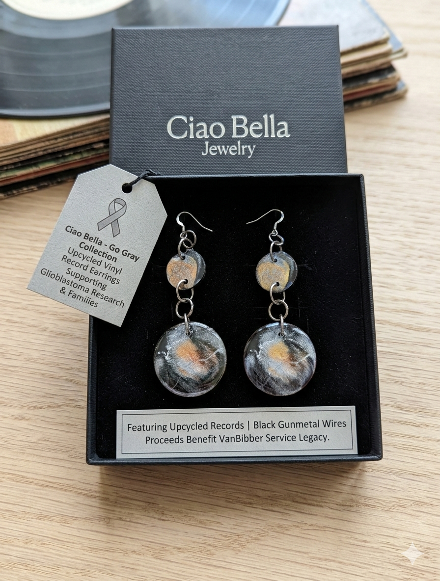Go Gray Vinyl Record Earrings | Upcycled Music Jewelry for Brain Cancer Awareness