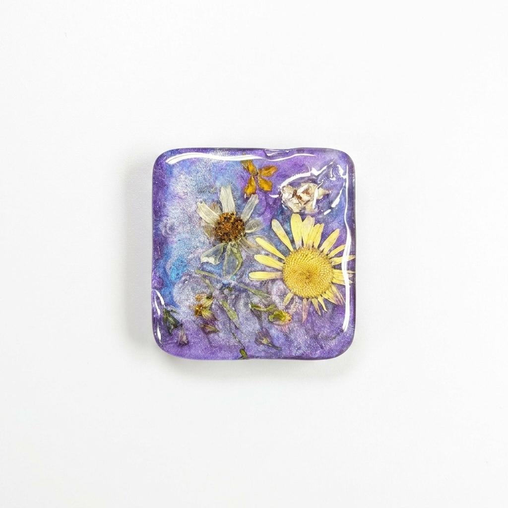 Set of Four Pressed Flower Resin Botanical Square Magnets