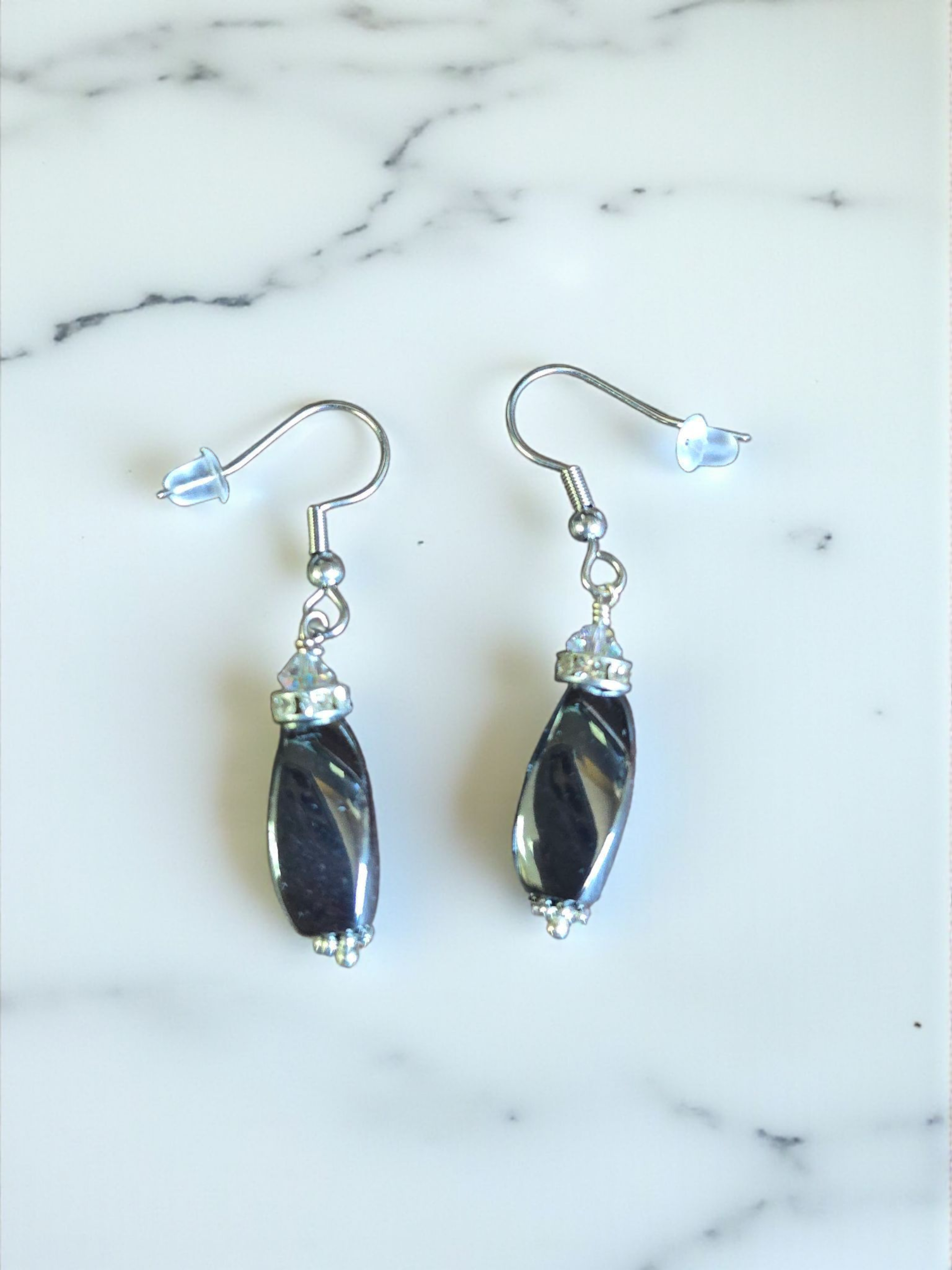 Black Hematite Gemstone Drop Earrings with Crystal Accents | Sterling Silver