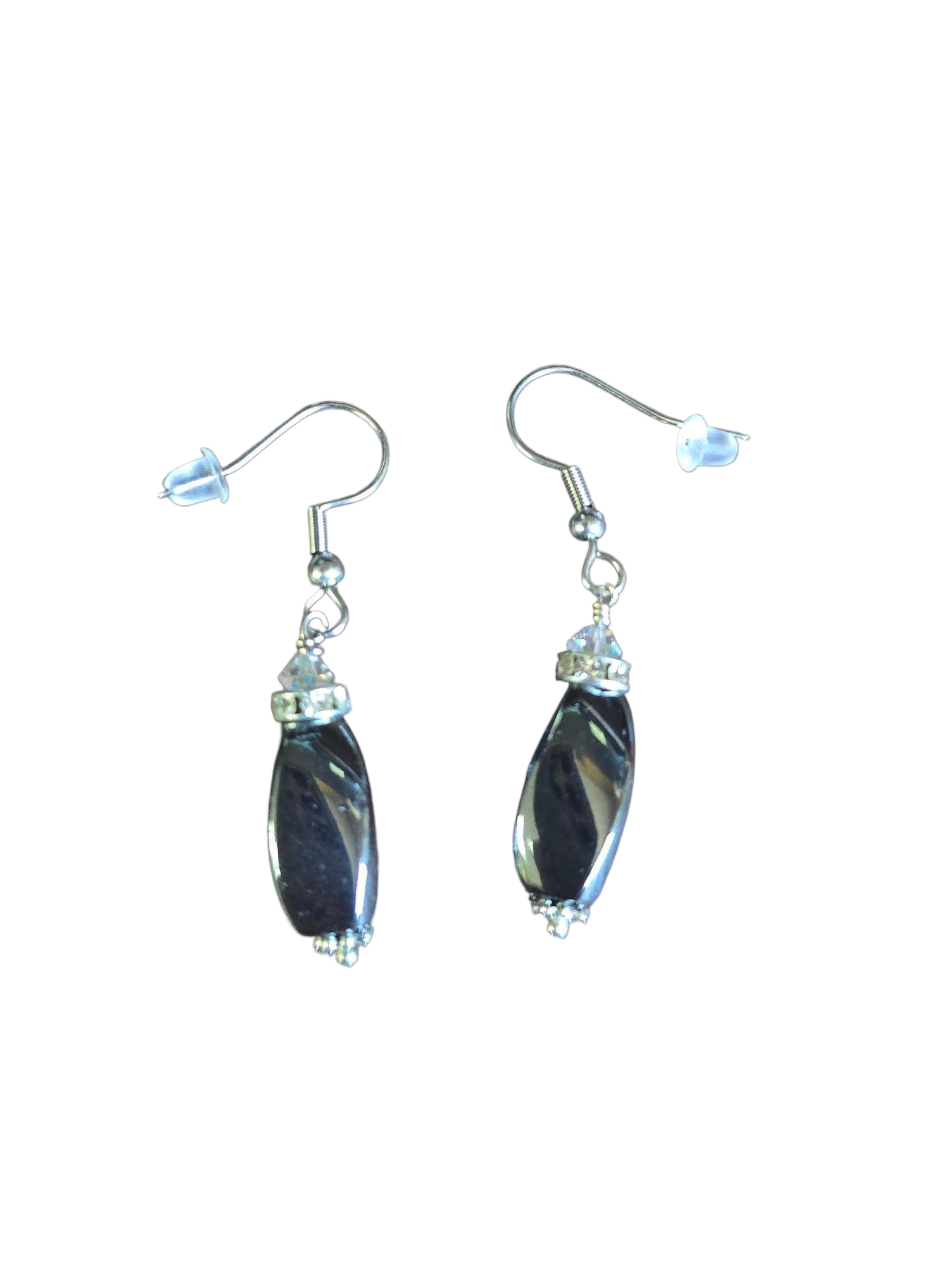 Black Hematite Gemstone Drop Earrings with Crystal Accents | Sterling Silver