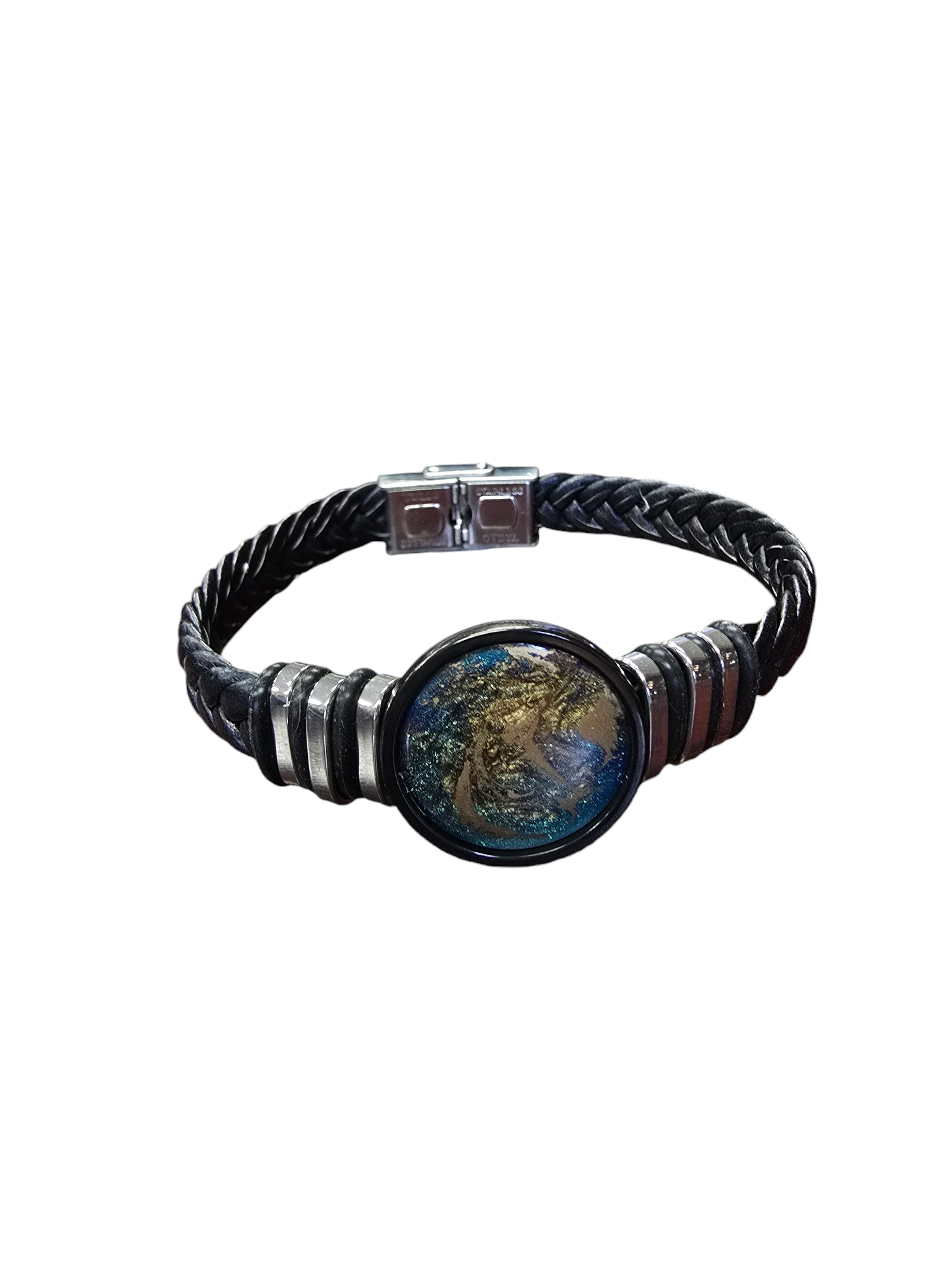 Cosmic Black Braided Leather Bracelet | Navy and Gold Swirl Center