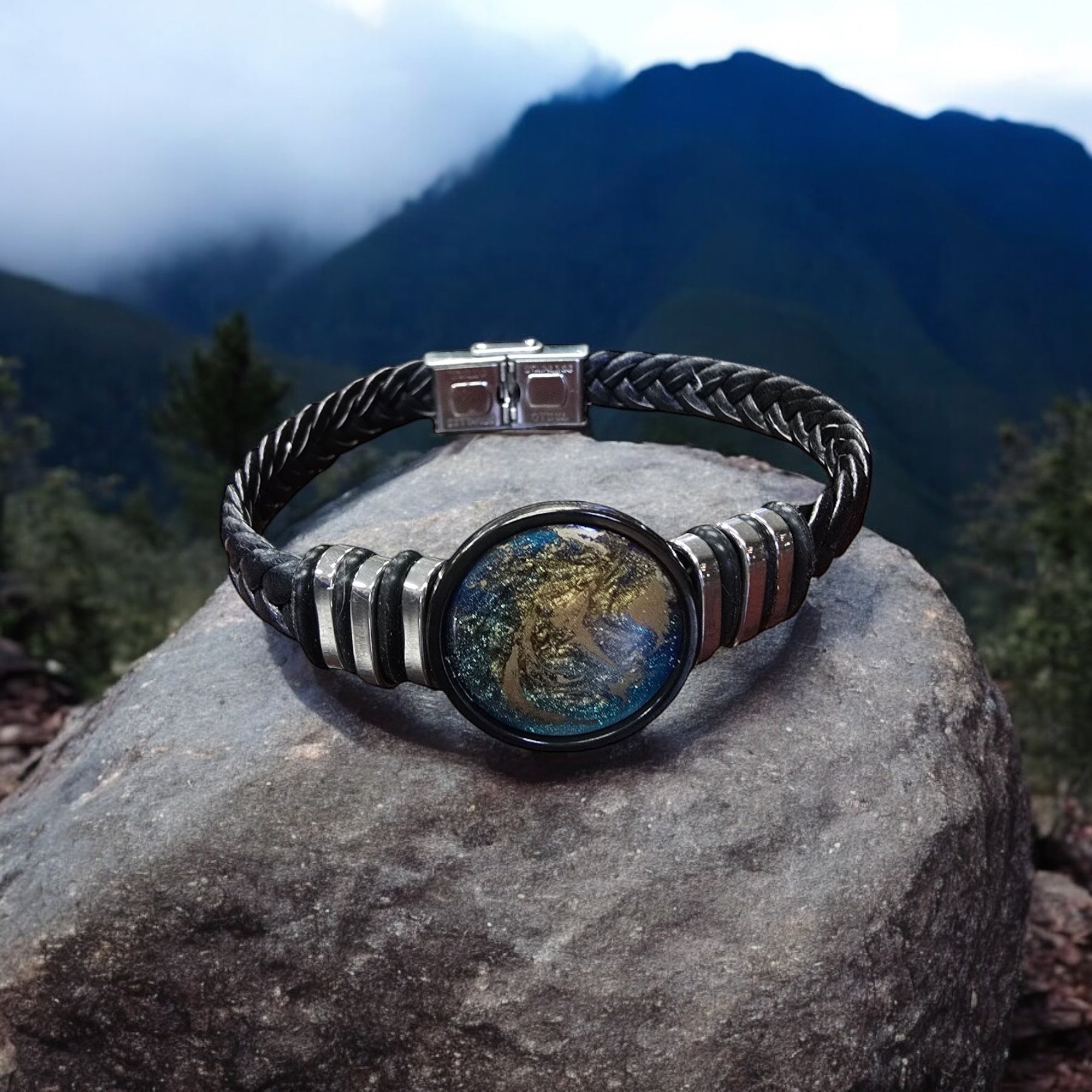 Cosmic Black Braided Leather Bracelet | Navy and Gold Swirl Center
