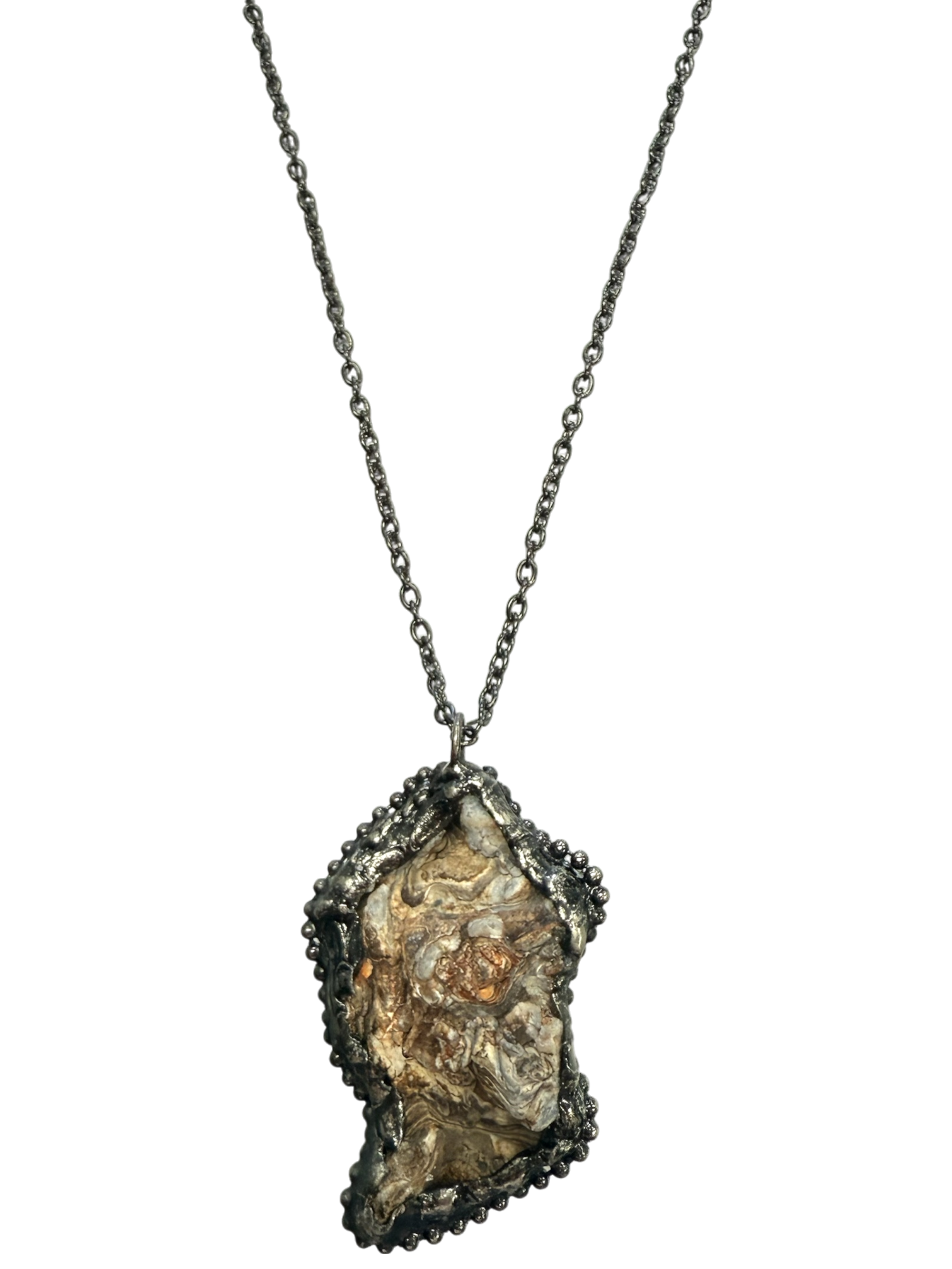Long Layer Wrap Gunmetal Chain and Agate Geode Pendant Necklace