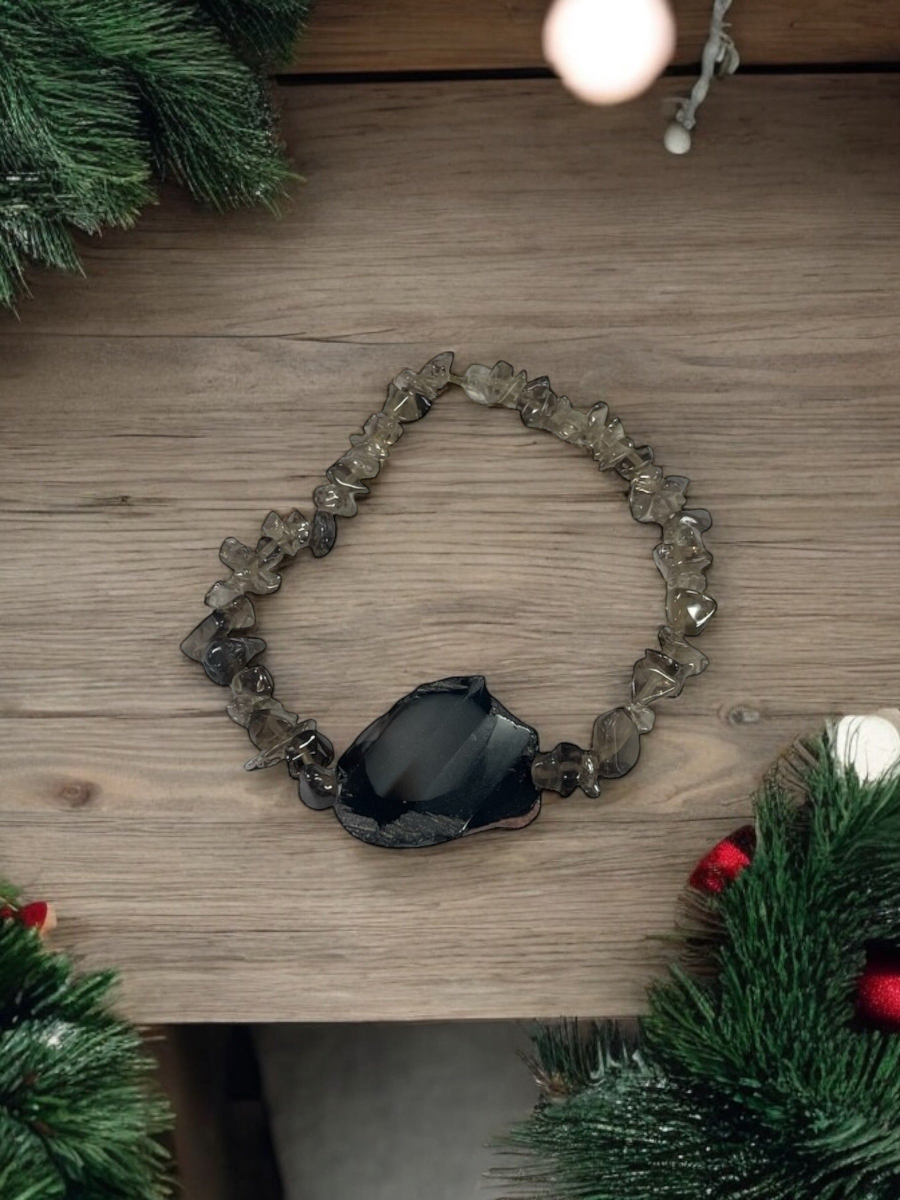 Stunning Smoky Quartz and Raw Black Agate Crystal Bracelet in Elastic or Lobster Clasp Variants