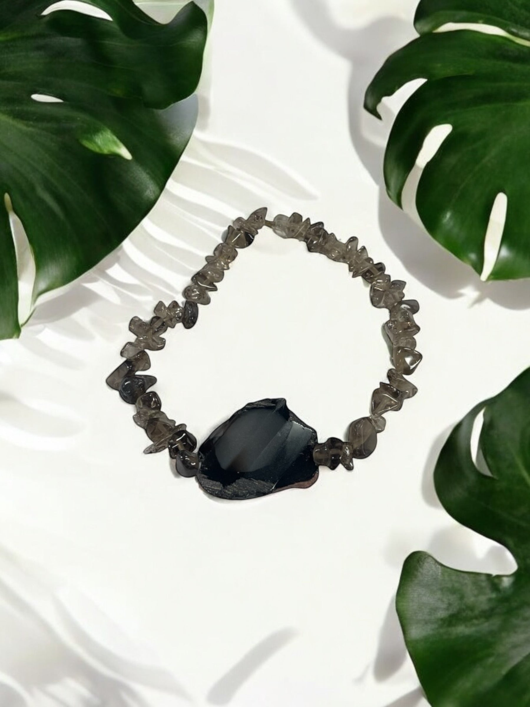 Stunning Smoky Quartz and Raw Black Agate Crystal Bracelet in Elastic or Lobster Clasp Variants