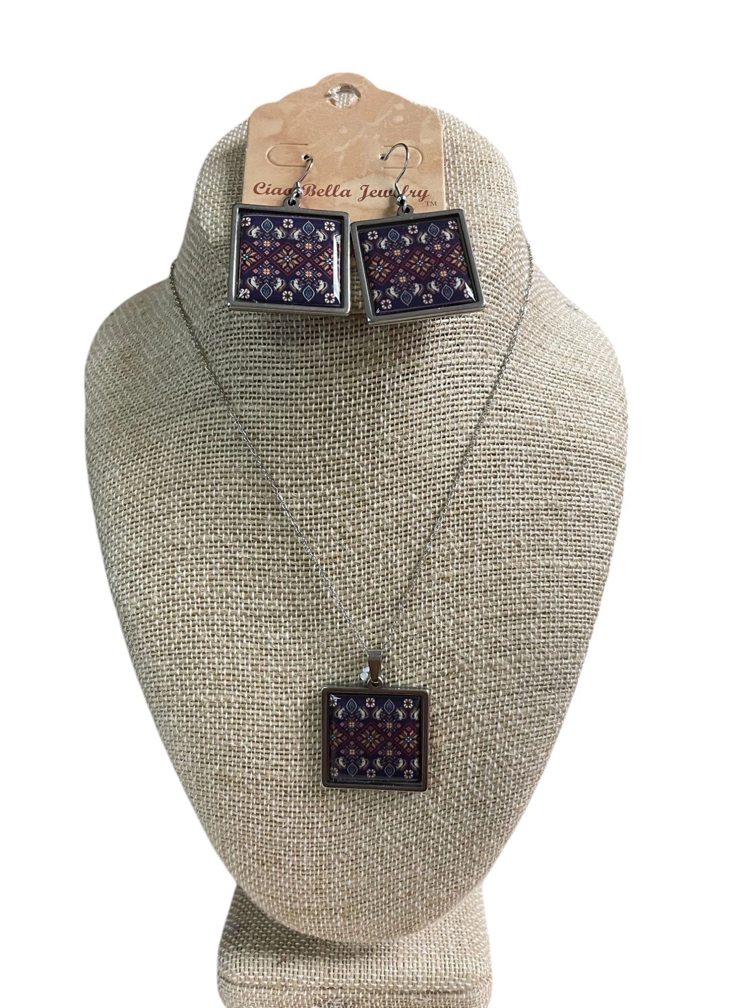 Purple Embroidery Pattern Square Jewelry Set - Silver Necklace & Earrings | Unique & Trendy