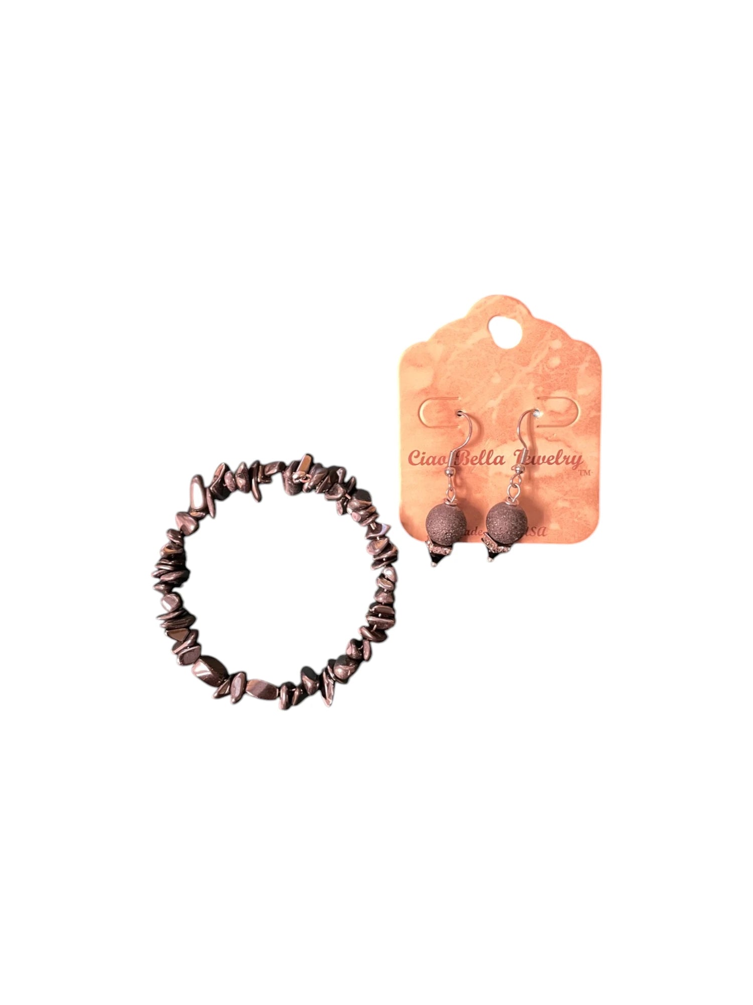 Hematite Stone Jewelry Set, Bracelet & Glitter Sphere Earrings