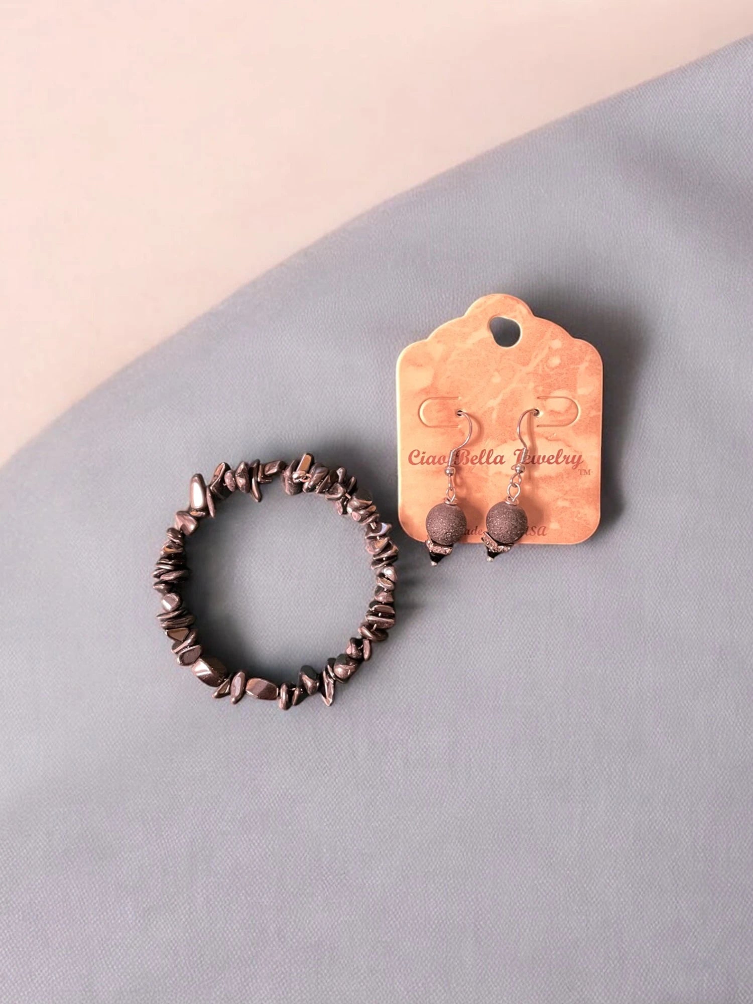 Hematite Stone Jewelry Set, Bracelet & Glitter Sphere Earrings