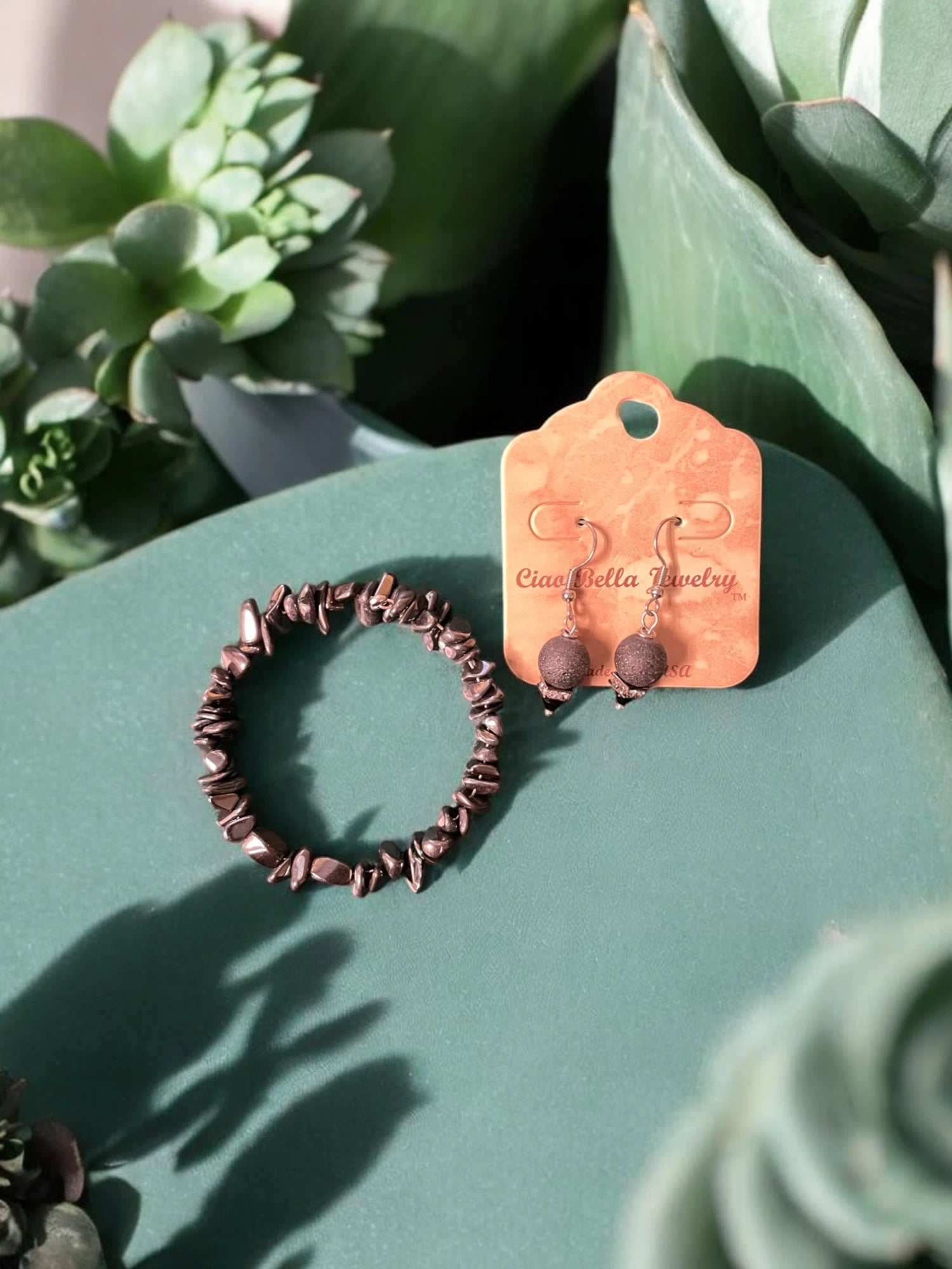 Hematite Stone Jewelry Set, Bracelet & Glitter Sphere Earrings