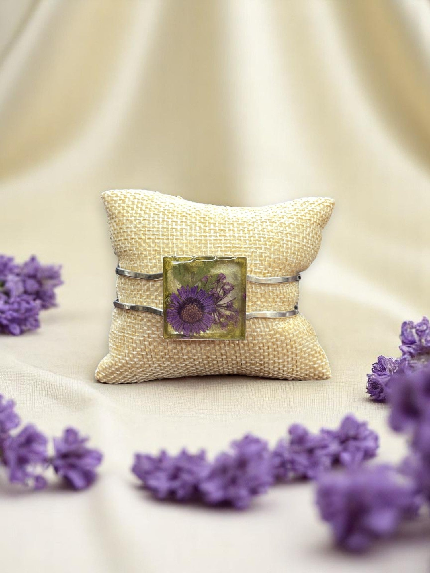 Geometric Purple and yellow Flower Resin Cuff Bracelet