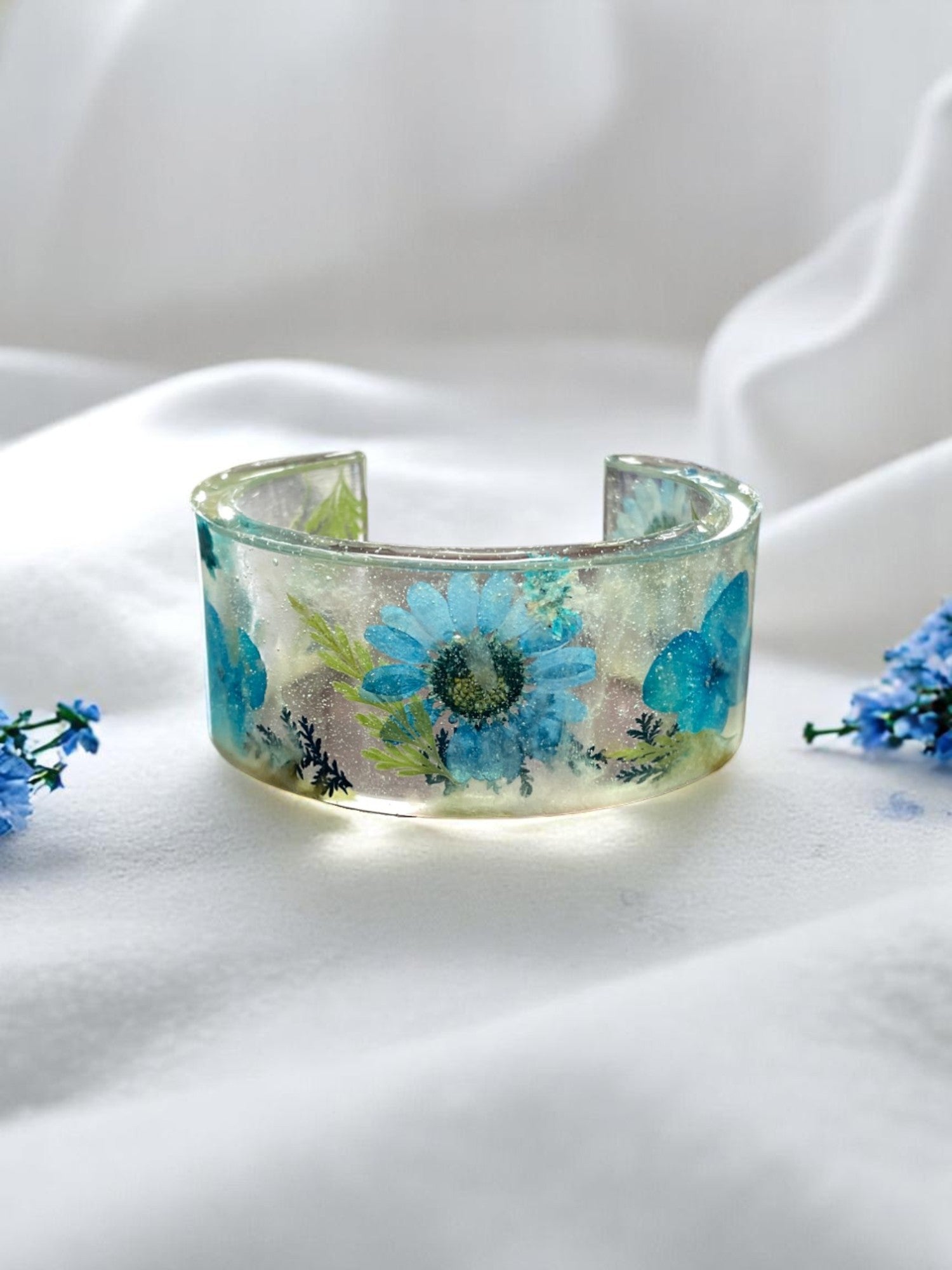 Colorful Handmade Pressed Flower Resin Cuff Bracelet | Unique Handmade Jewelry