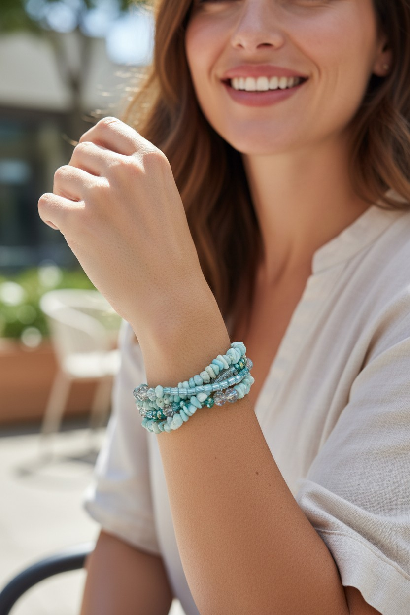 Multi-Strand Bracelet | Amazonite, Aquamarine, Sea Green | Stainless Steel