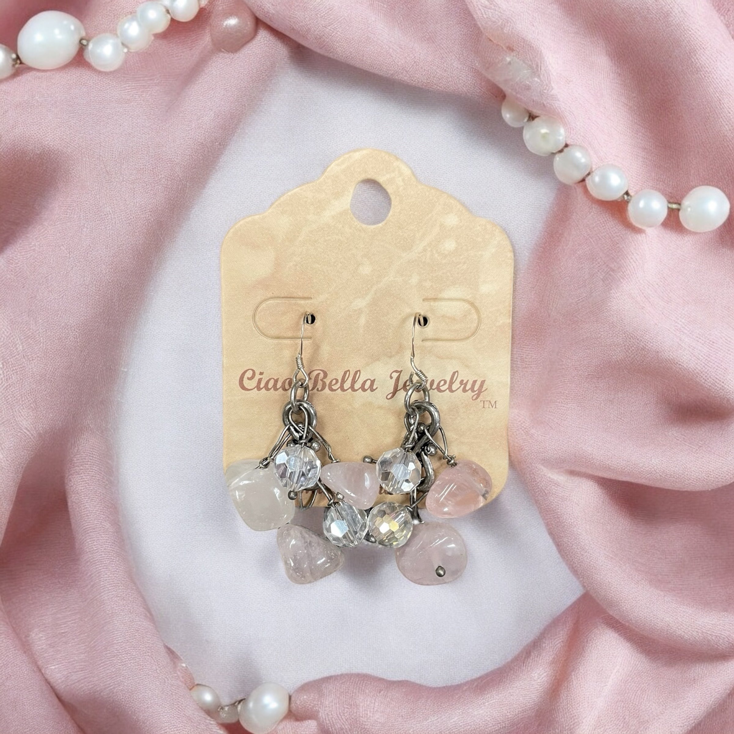 Sterling Silver Rose Quartz and Crystal Cluster Earrings