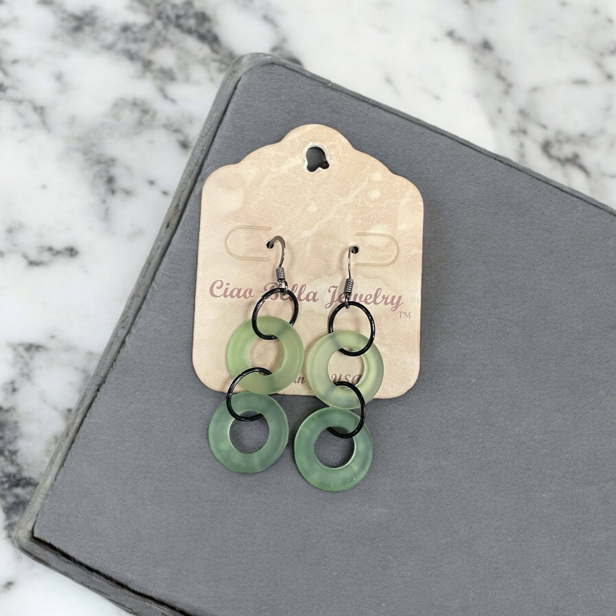 Double the Charm: Light Green Double Circle Sea Glass Dangle Earrings | Coastal Elegance | Unique Handmade Jewelry