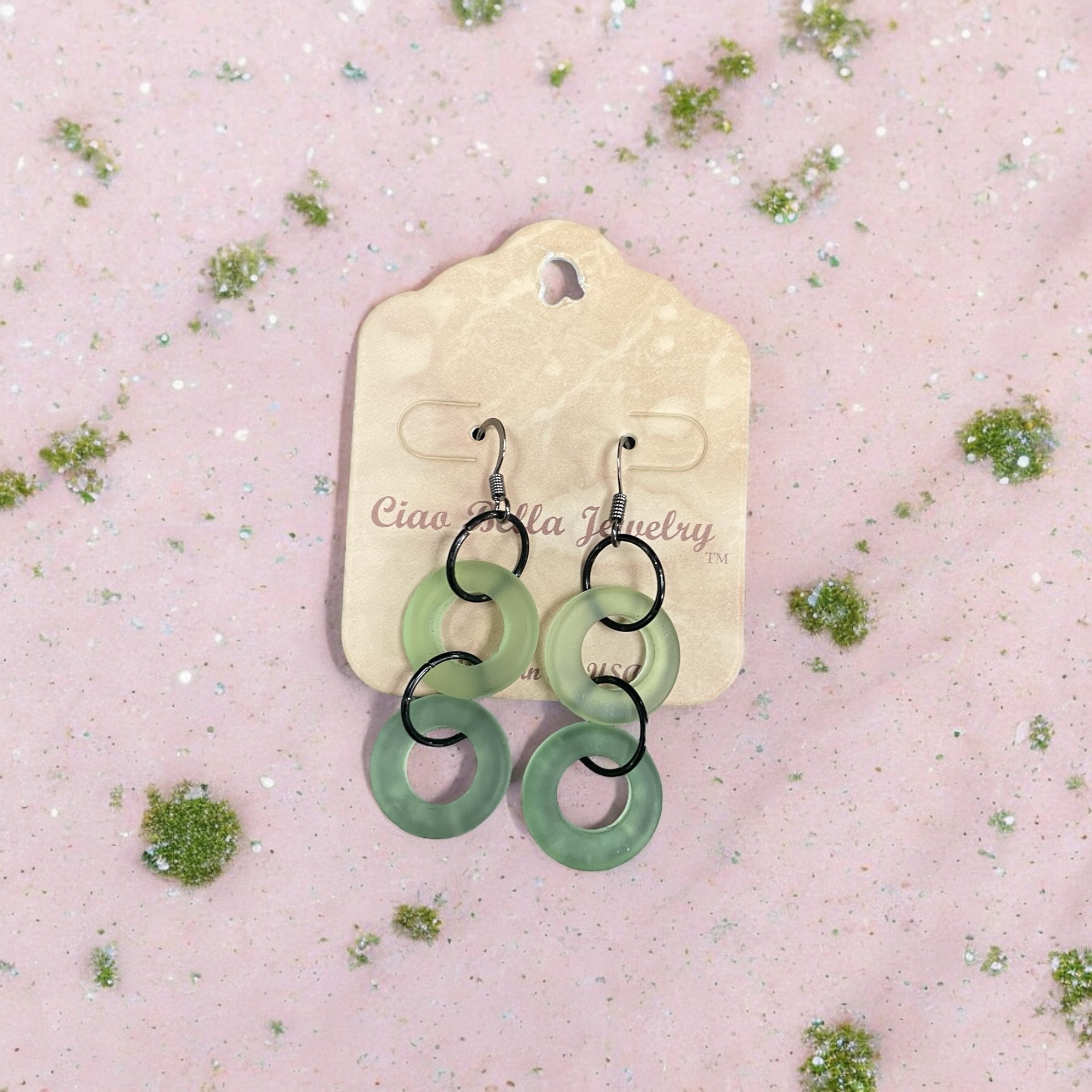 Double the Charm: Light Green Double Circle Sea Glass Dangle Earrings | Coastal Elegance | Unique Handmade Jewelry