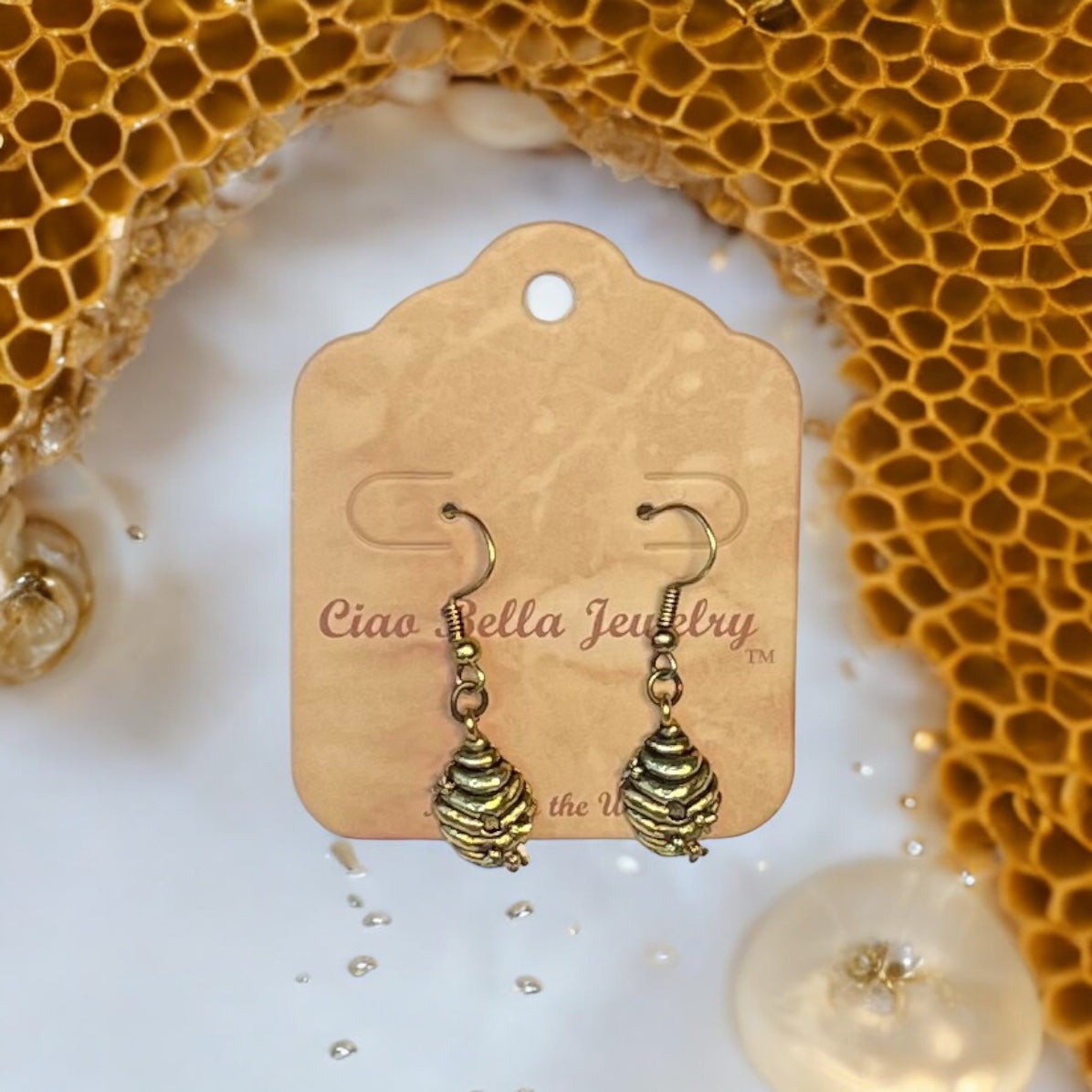 Beehive Earrings, Honeycomb Earrings, Gold Dangle Earrings, Bee Jewelry