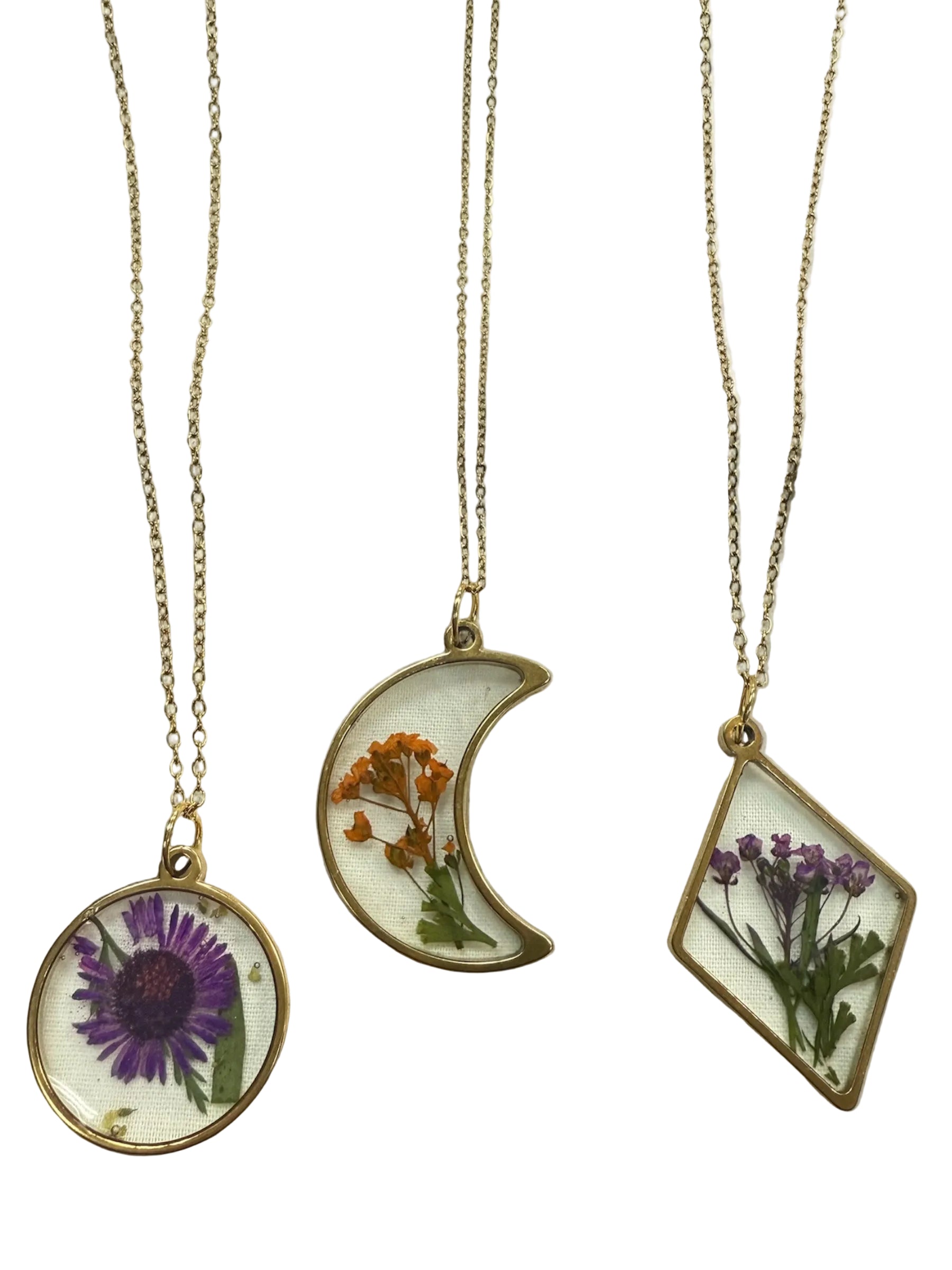 Gold Flower Pendant Necklace | Hand-Pressed Real Flower Resin Necklaces