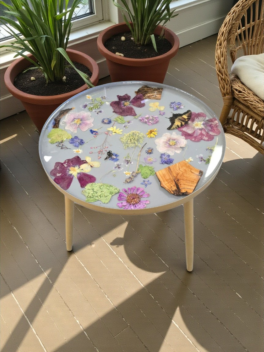 One-of-a-Kind Real Flower & Nature Resin End Table | Flower Preservation