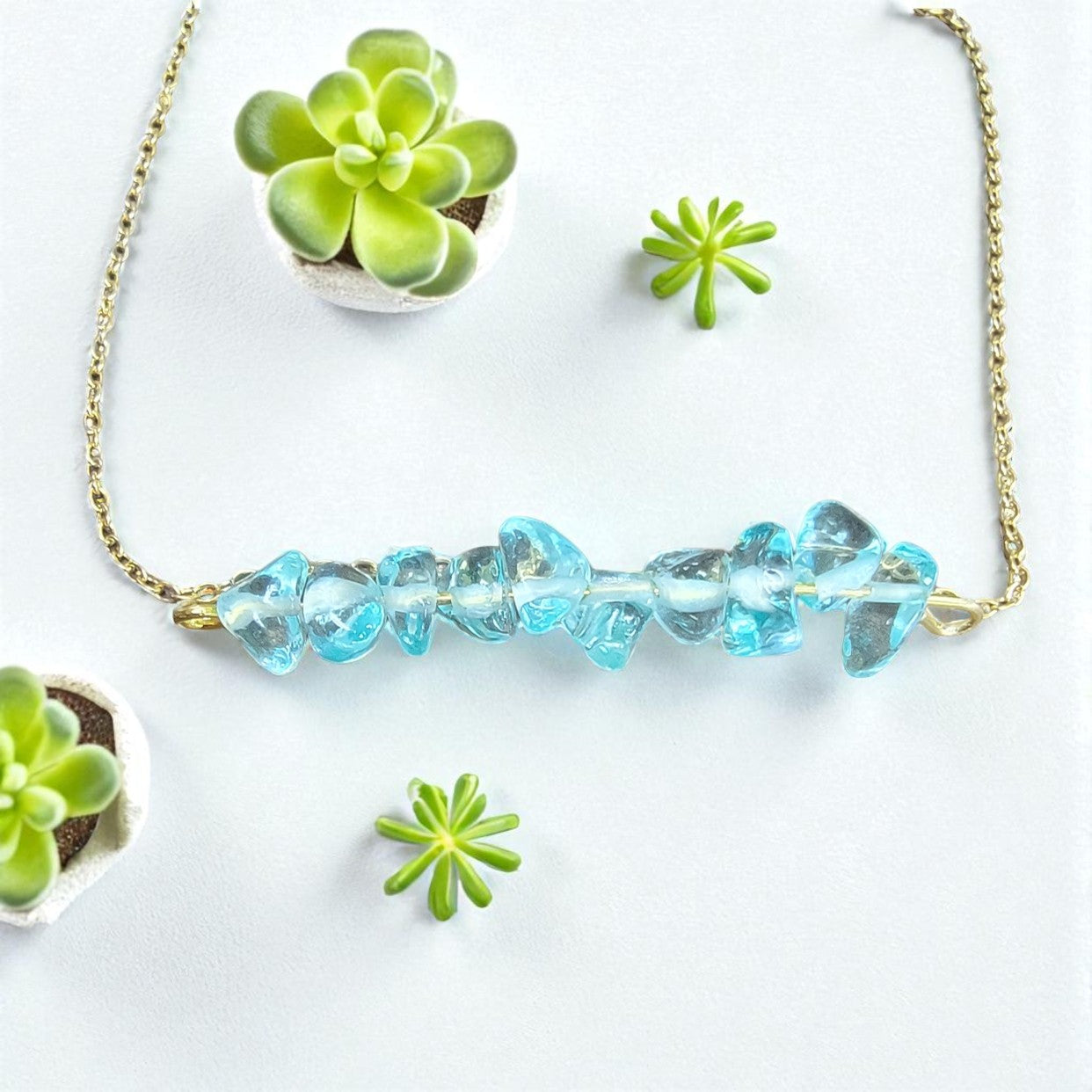 Aquamarine Gemstone Gold Gemstone Bar Necklace | March Birthstone