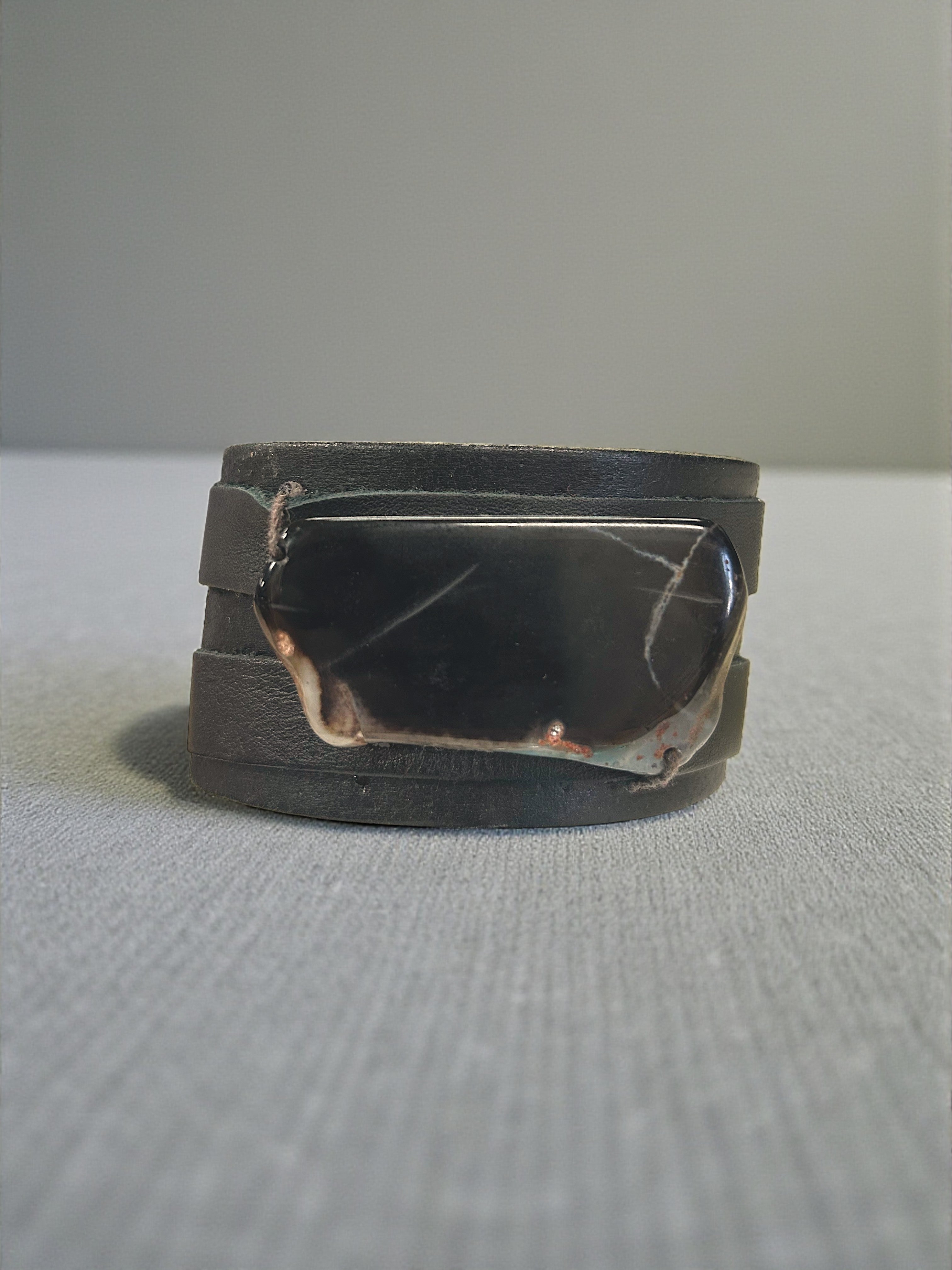 Black Agate Leather Cuff Buckle Bracelet | Stylish and Durable
