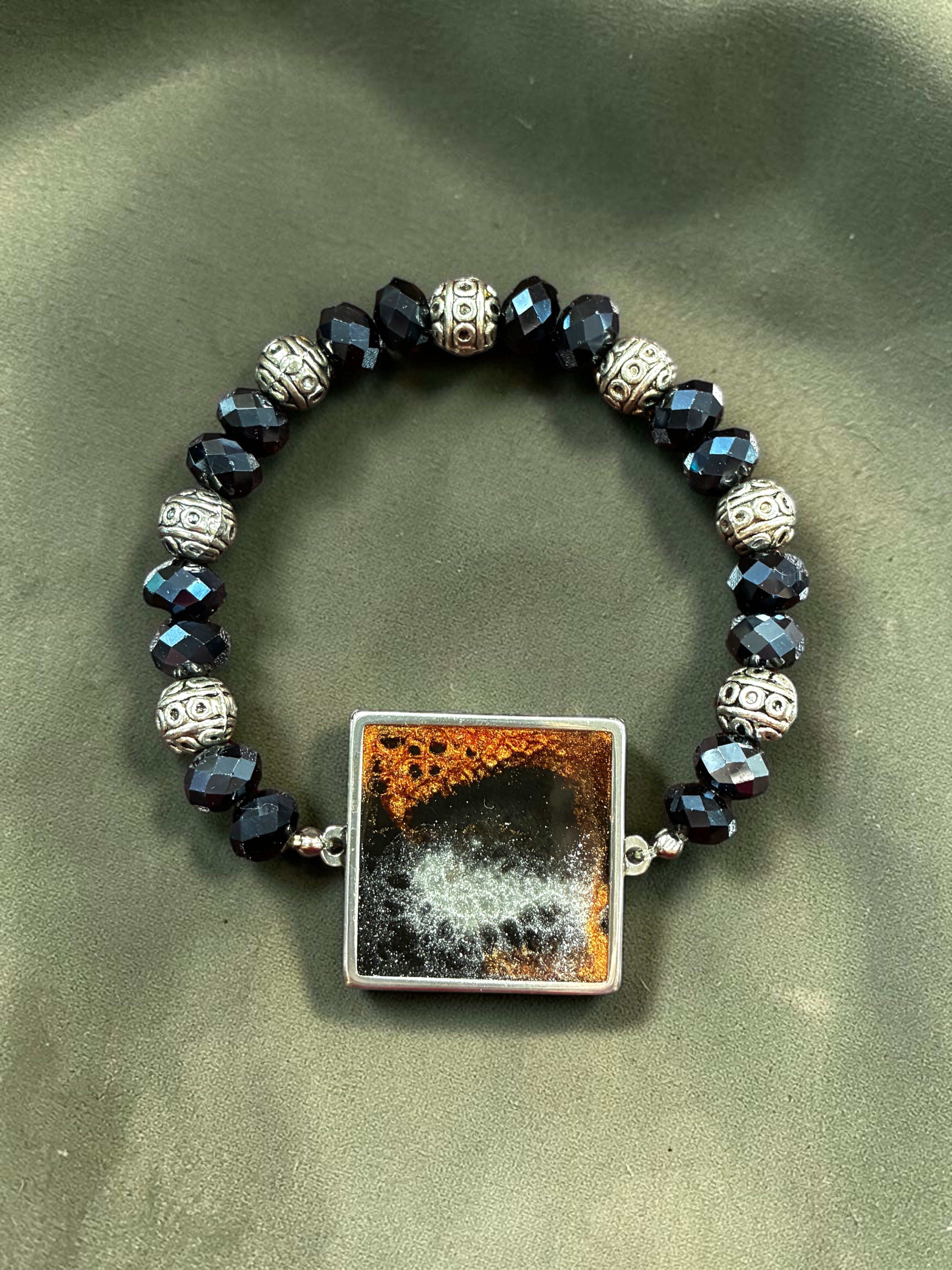 Handcrafted Square Charm Bracelet with Sparkling Black and Bronze Beads