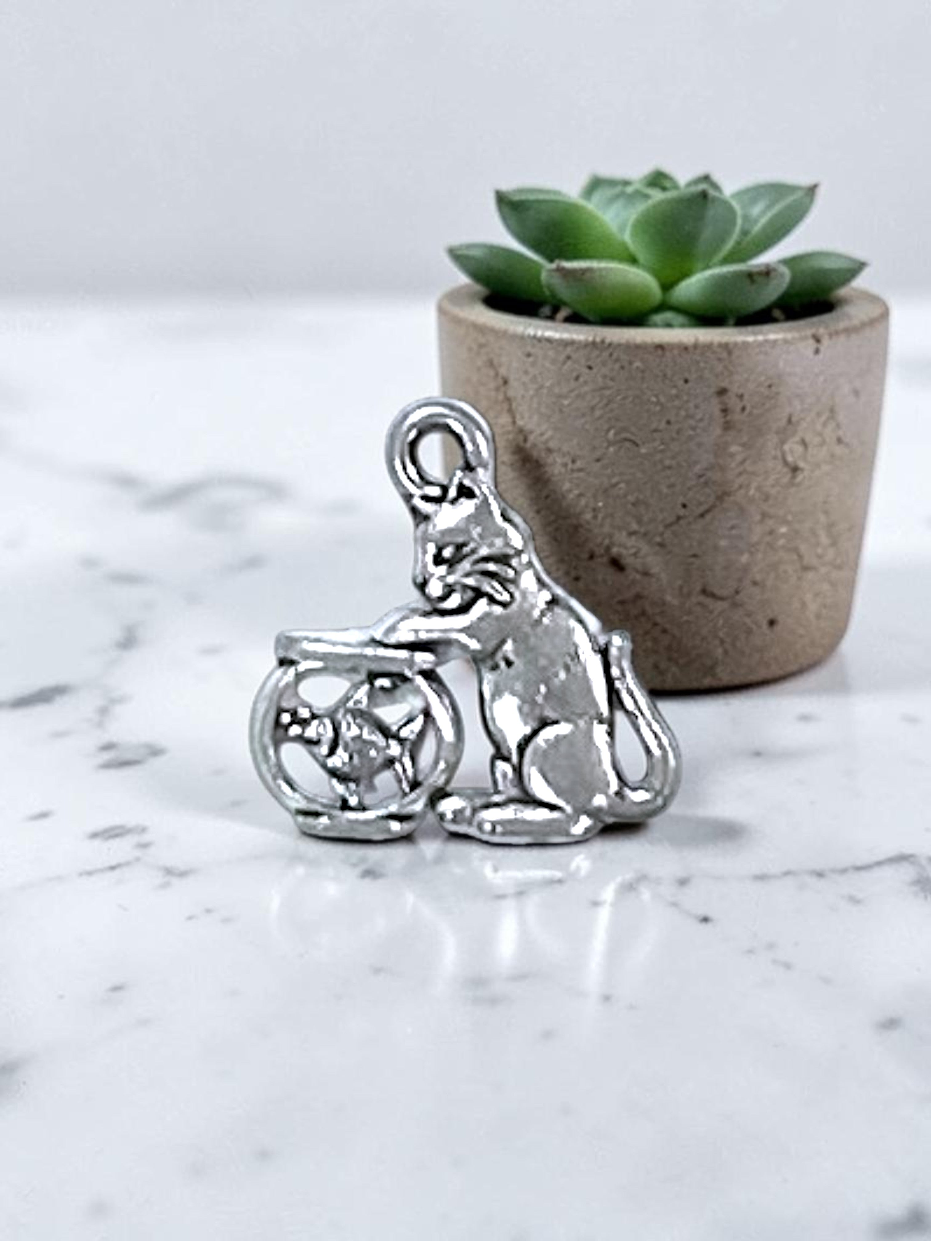 Silver Cat and Fish Tank Pewter Charm Pendant | Travel Charm