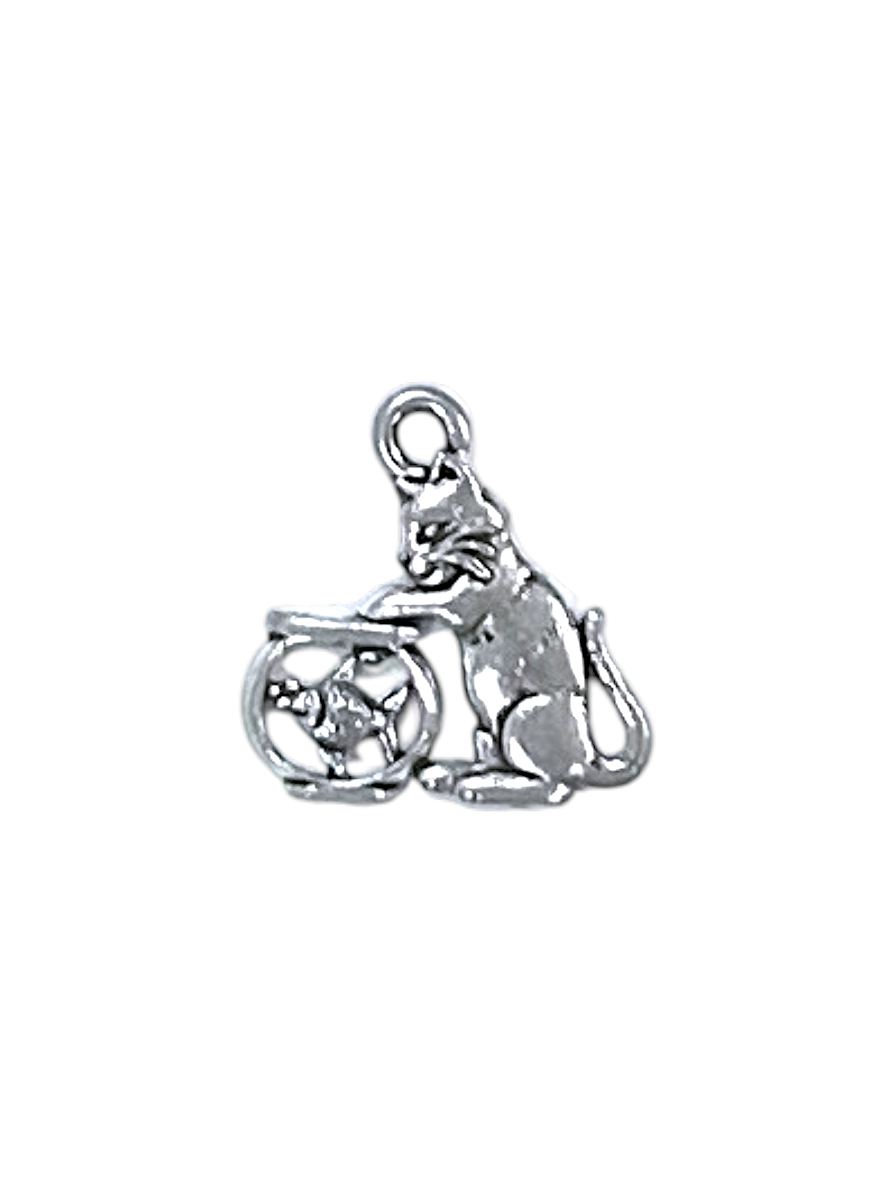Silver Cat and Fish Tank Pewter Charm Pendant | Travel Charm