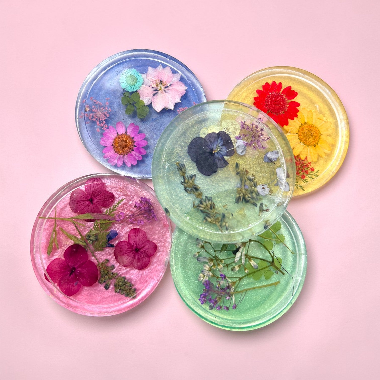Handmade Real Flower Colorful Coasters - Set of 2 or 4