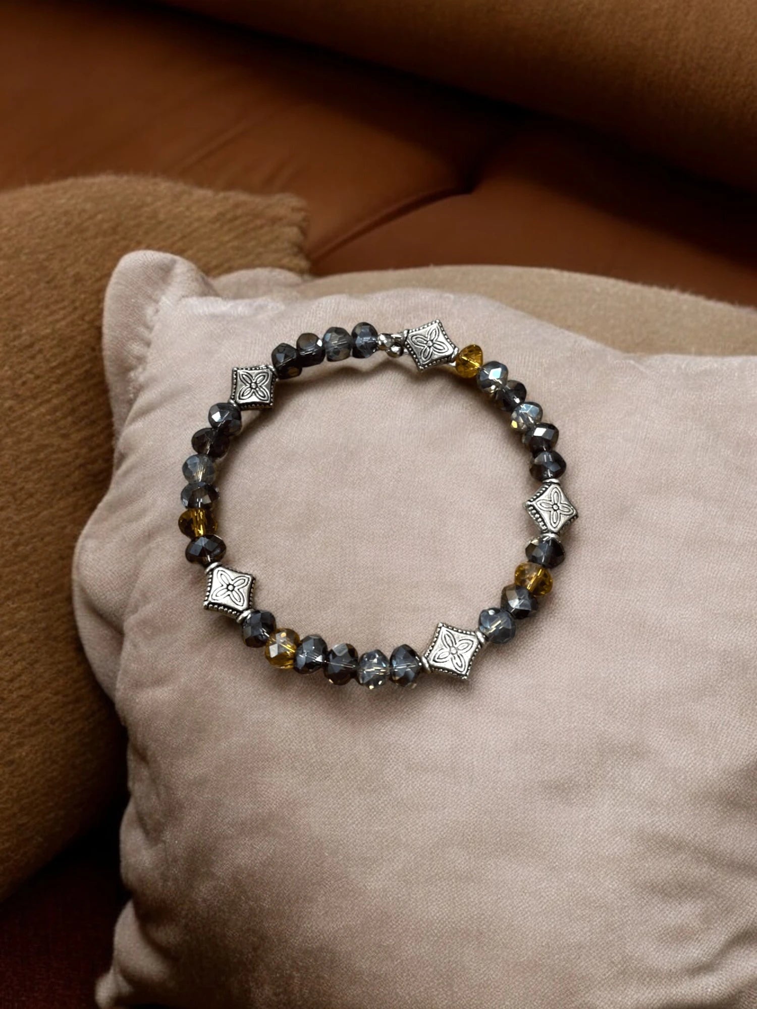 Peacock, Copper, and Amethyst Beaded Bracelet with Silver Accents | A Unique and Elegant Statement