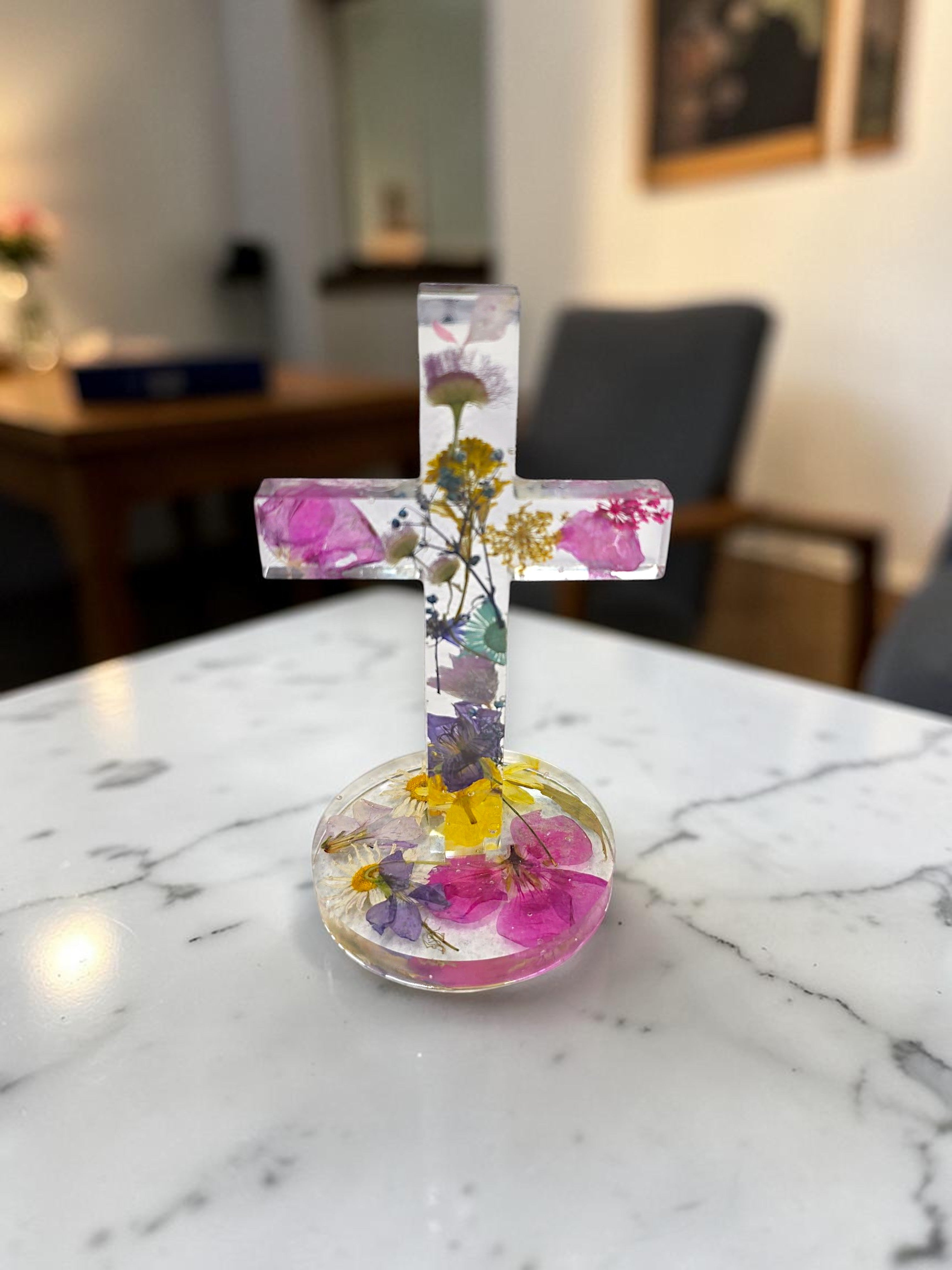 Colorful Handmade Pressed Flower Cross Novelty Decoration | Unique Handmade Resin Design