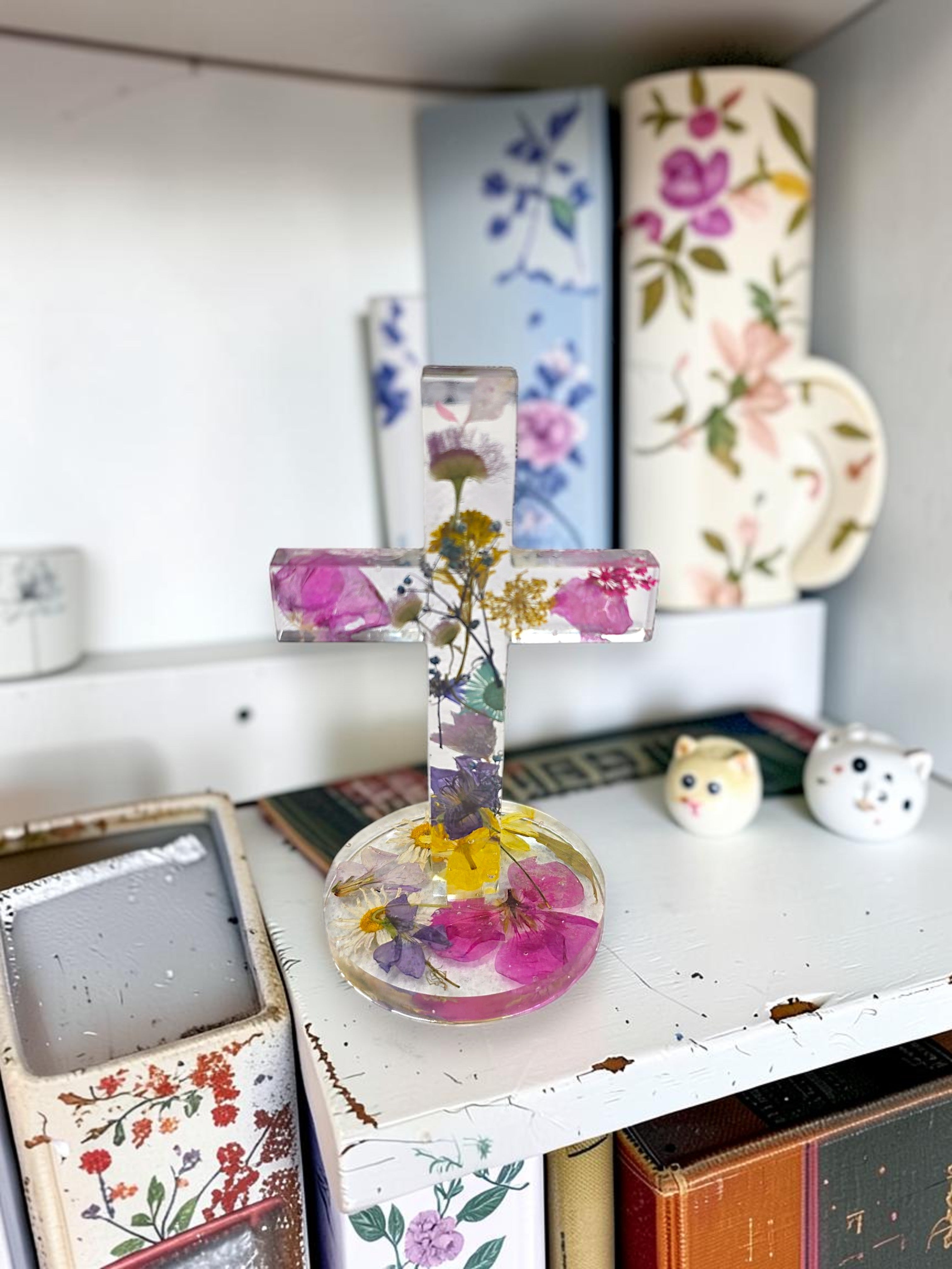 Colorful Handmade Pressed Flower Cross Novelty Decoration | Unique Handmade Resin Design