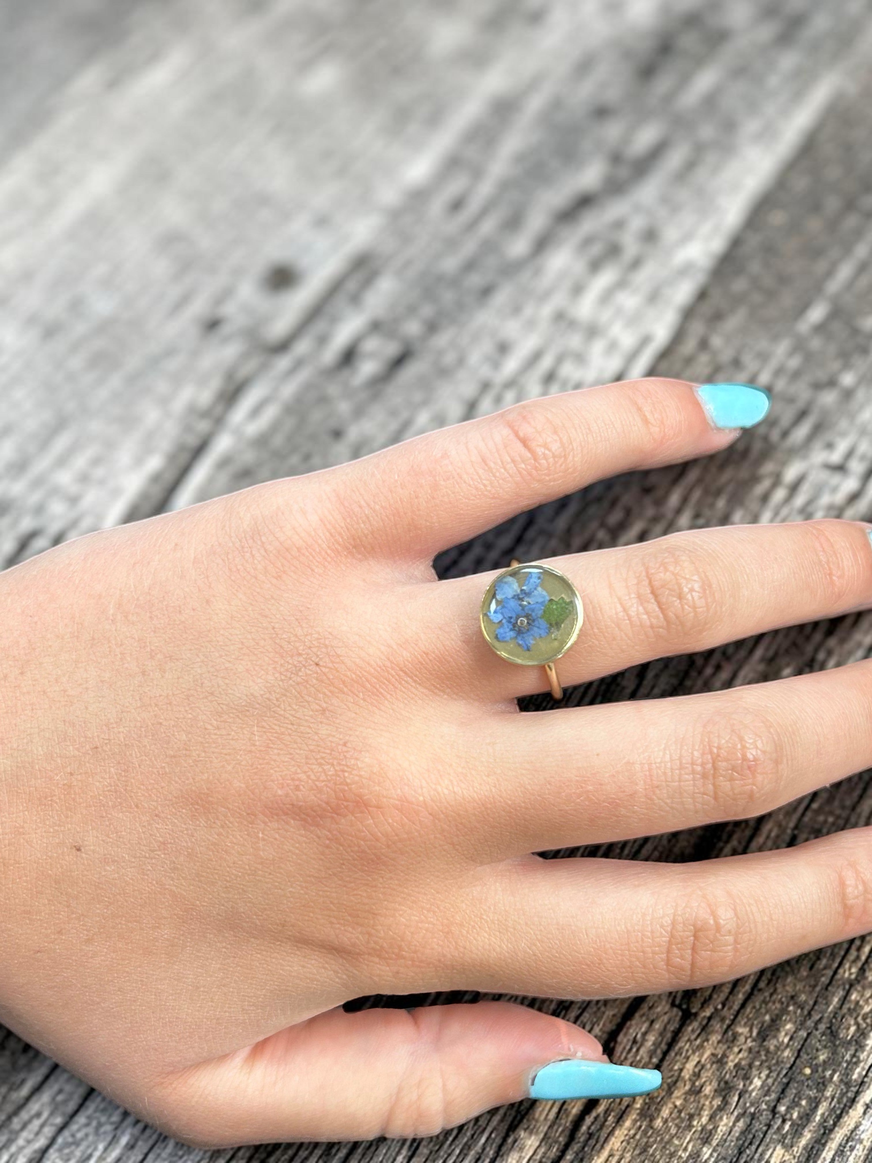 Forget Me Not Handmade Pressed Flower Gold Plated Adjustable Ring