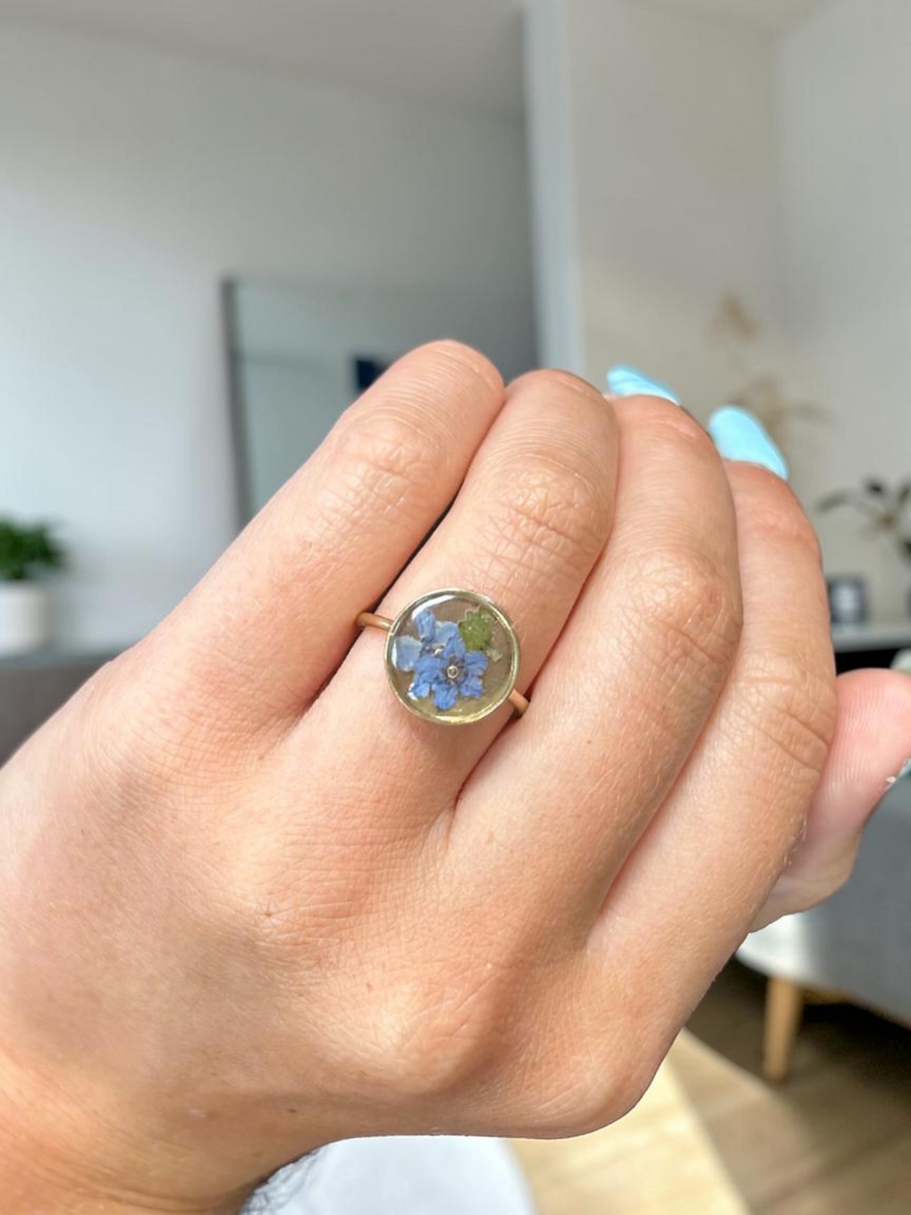 Forget Me Not Handmade Pressed Flower Gold Plated Adjustable Ring