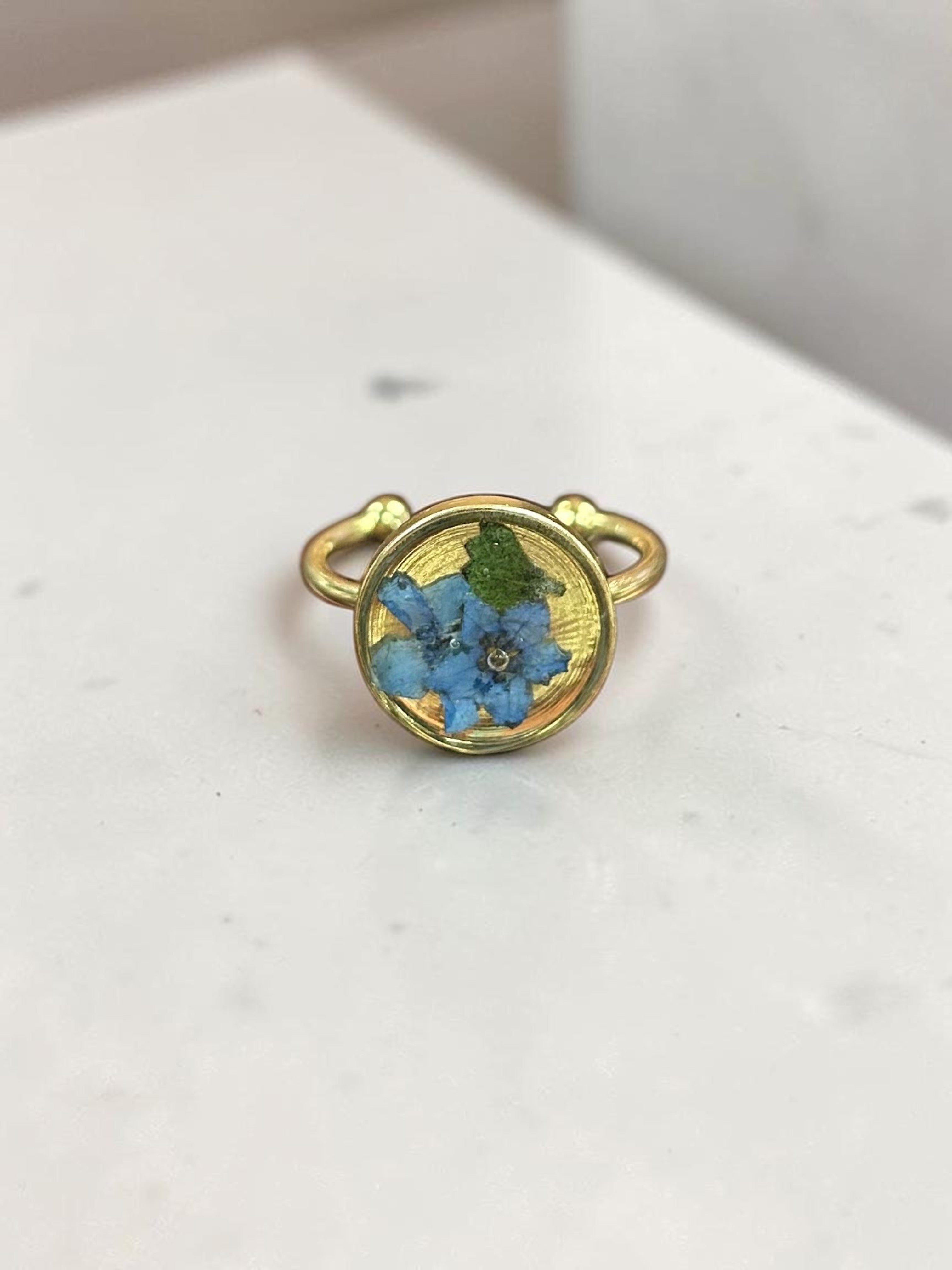 Forget Me Not Handmade Pressed Flower Gold Plated Adjustable Ring