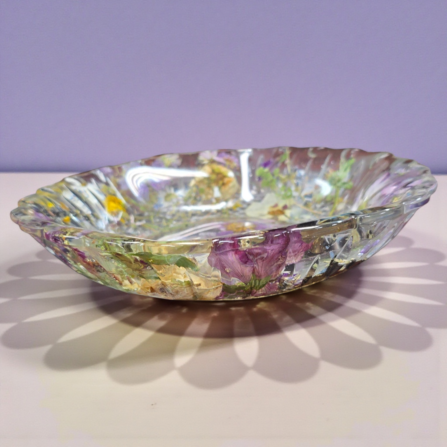 Large Centerpiece Pressed Flower Resin Cut Glass Bowl | Flower preservation