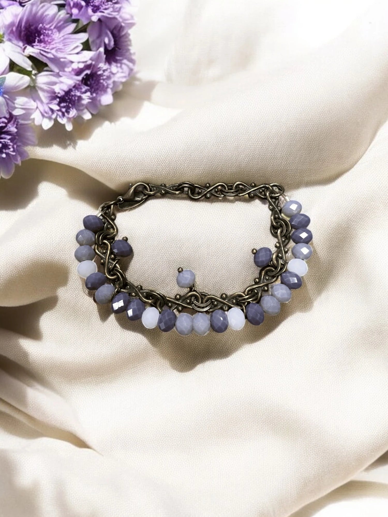 Purple Beaded Crystal & Gold Filigree Chain Bracelet, Dangle Charm Bracelet