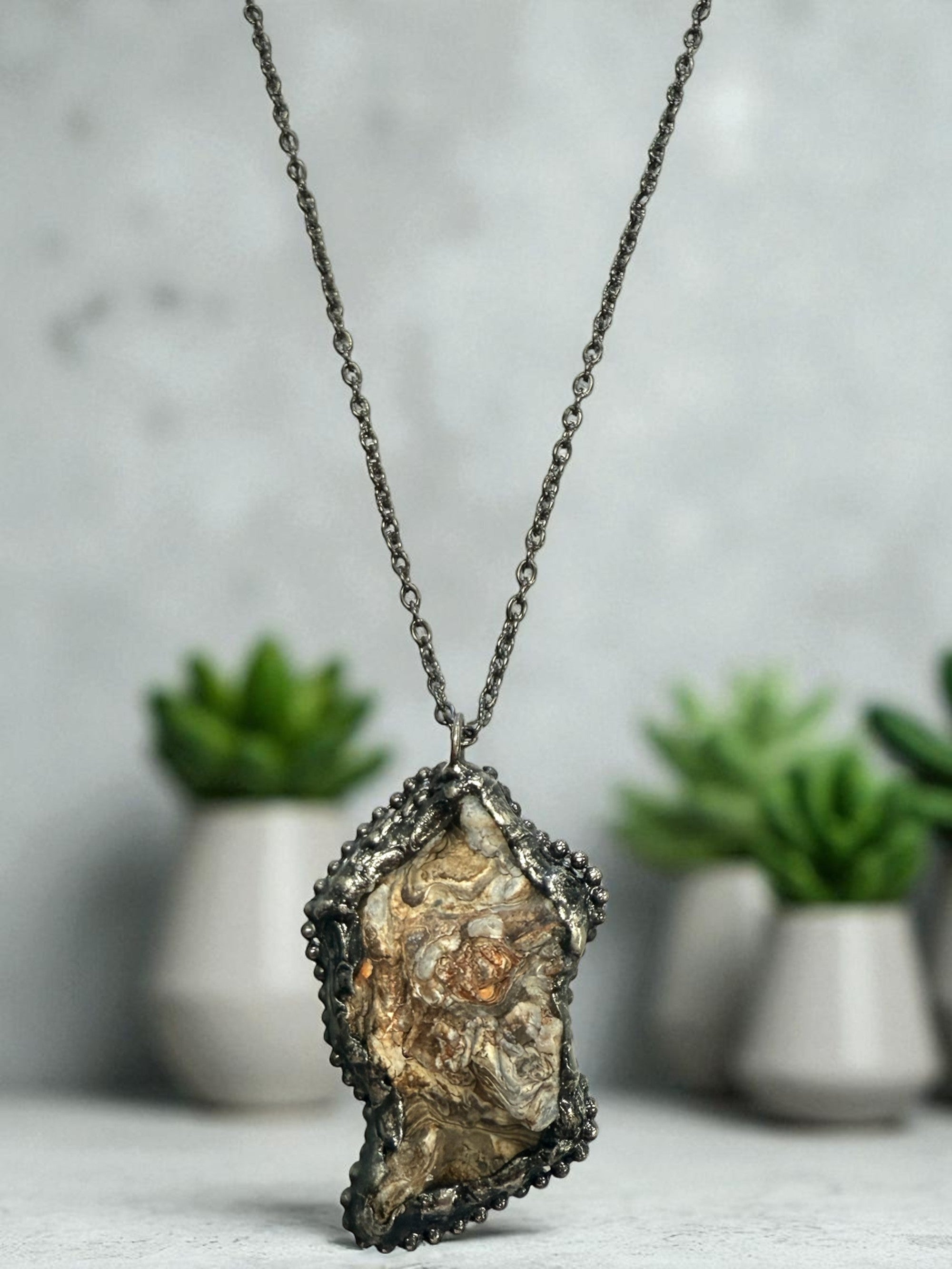 Long Layer Wrap Gunmetal Chain and Agate Geode Pendant Necklace