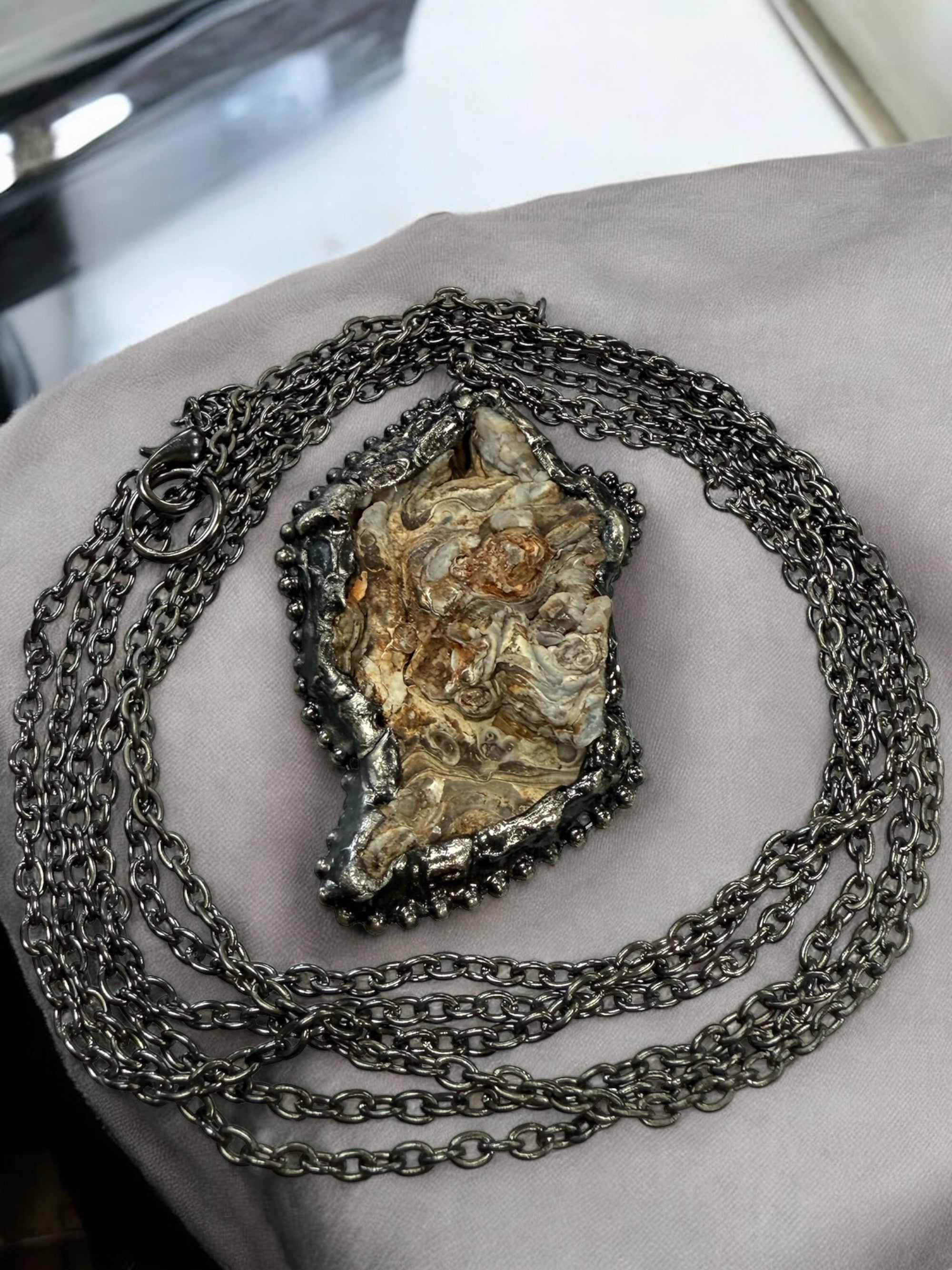 Long Layer Wrap Gunmetal Chain and Agate Geode Pendant Necklace