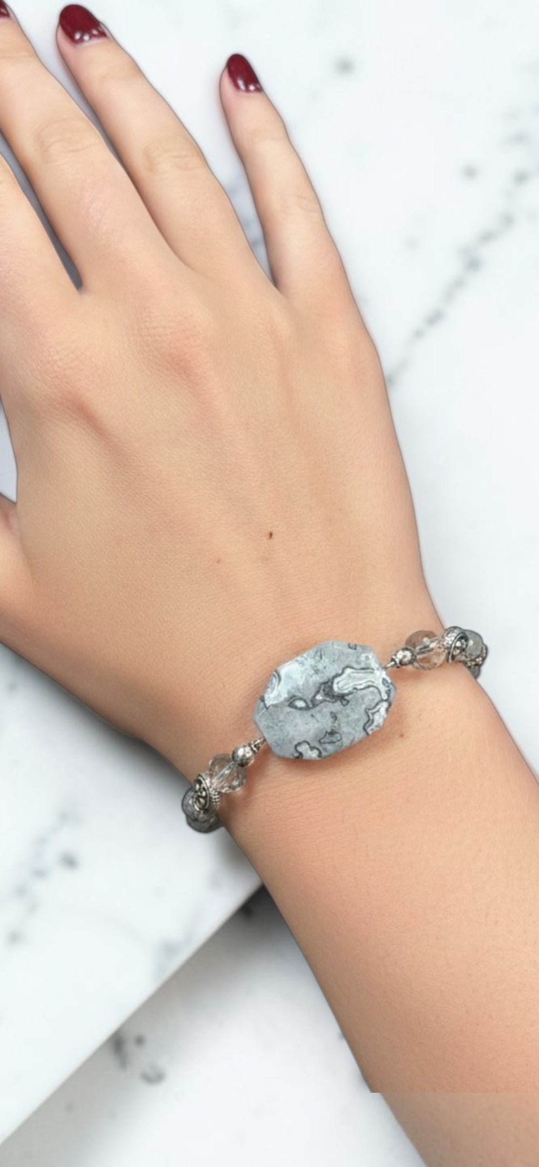 Elegant Picasso Jasper Statement Bracelet with Grey Crystals | LIMITED EDITION |