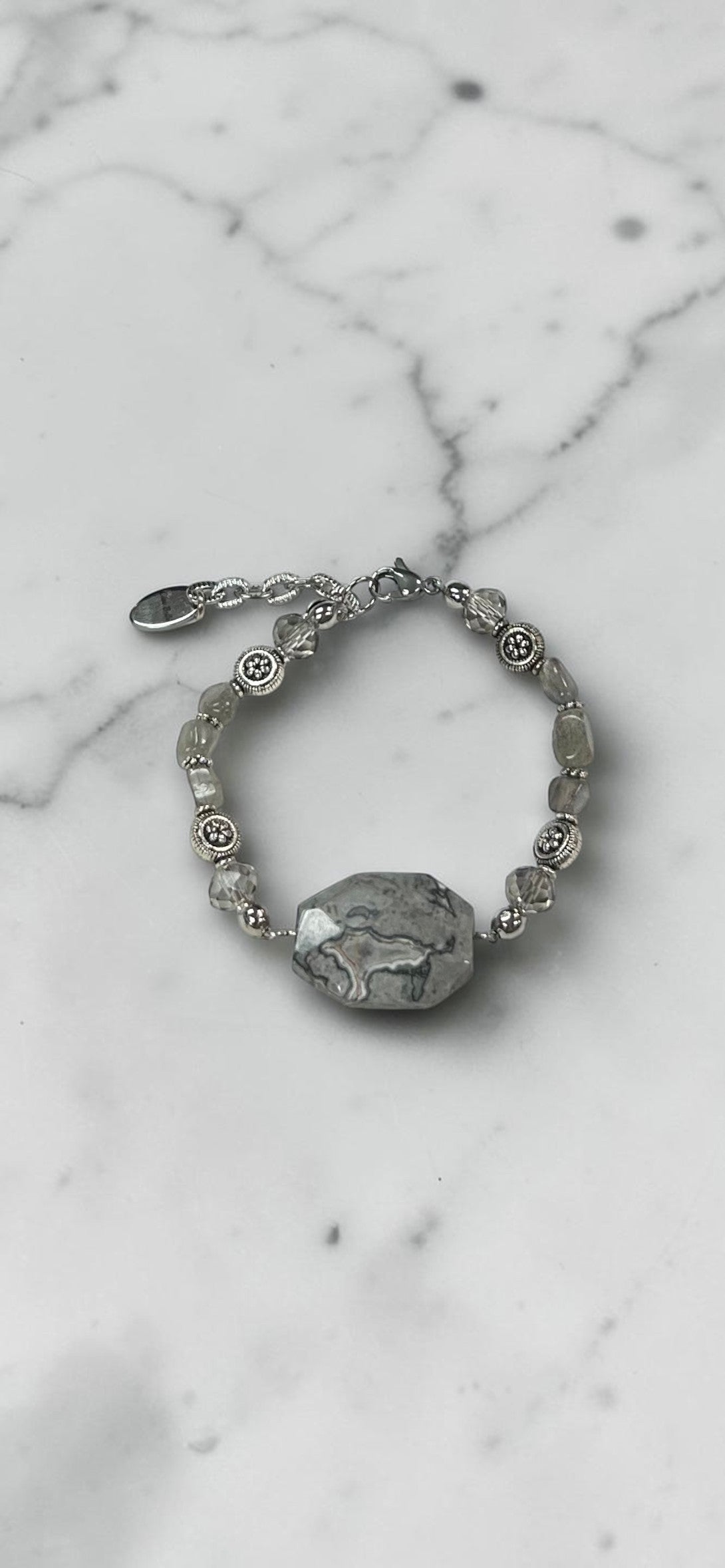 Elegant Picasso Jasper Statement Bracelet with Grey Crystals | LIMITED EDITION |