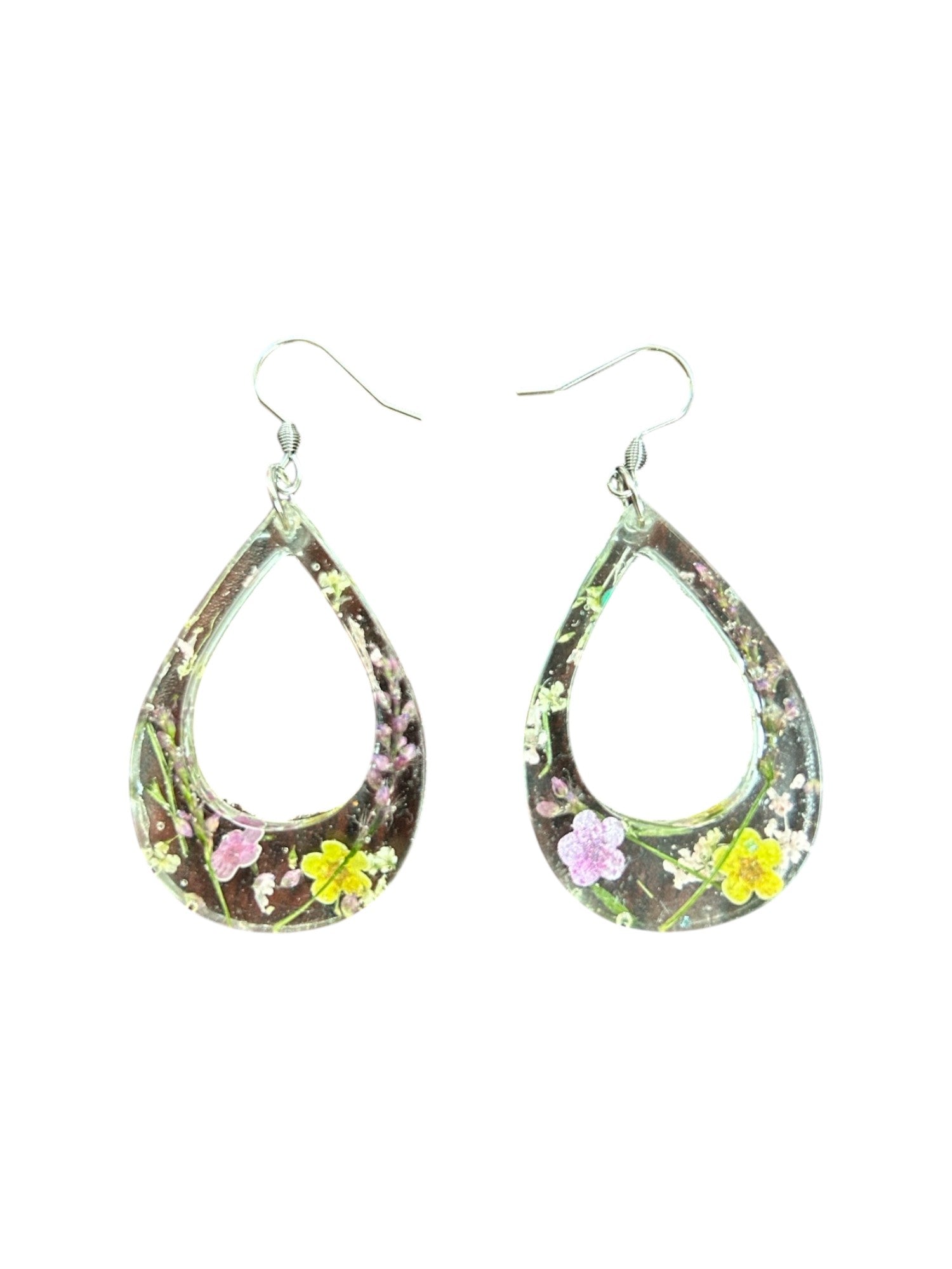 Pressed Flower Resin Teardrop Earrings in Rainbow Variant Colors