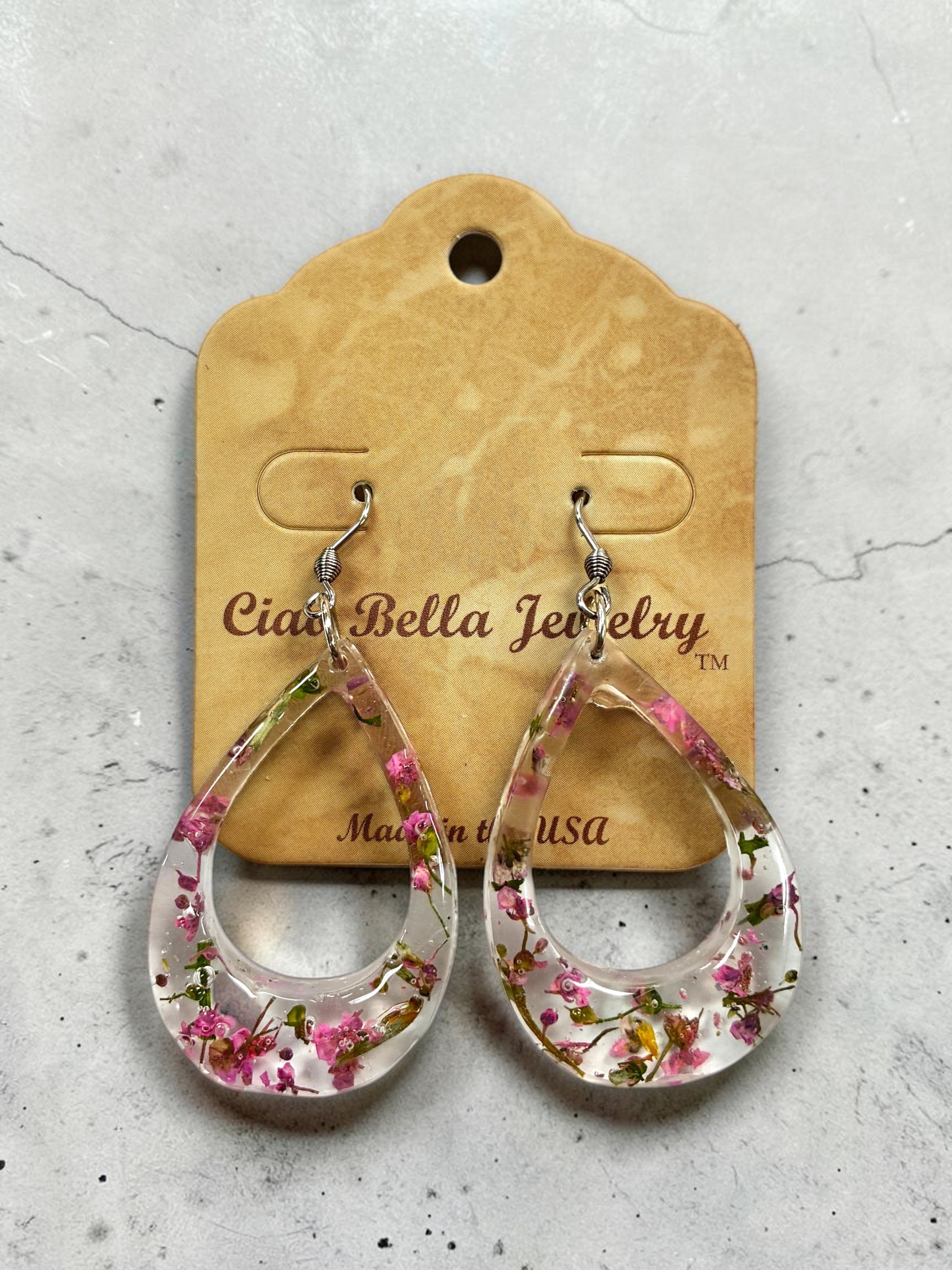 Pressed Flower Resin Teardrop Earrings in Rainbow Variant Colors
