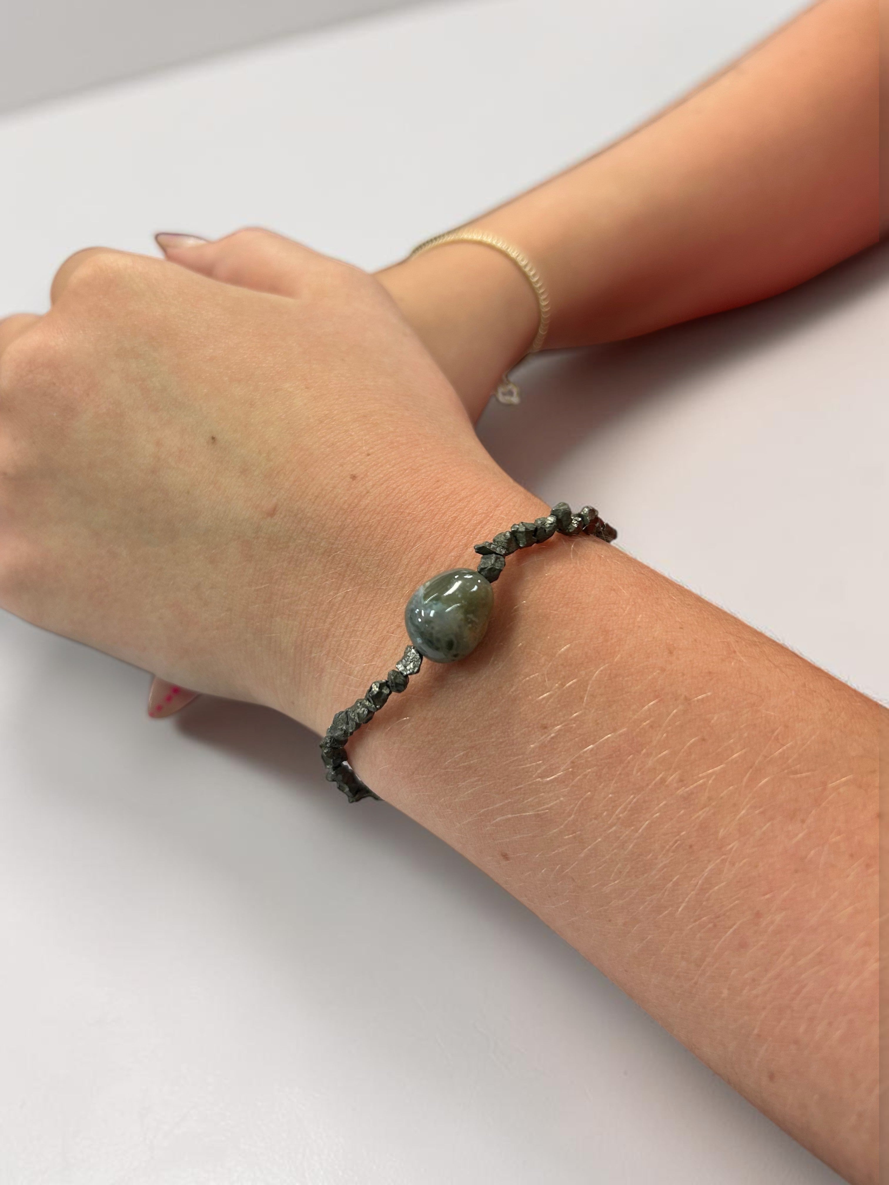 Pyrite Chip Beaded Bracelet with Ocean Jasper Center | Unique Gemstone Jewelry