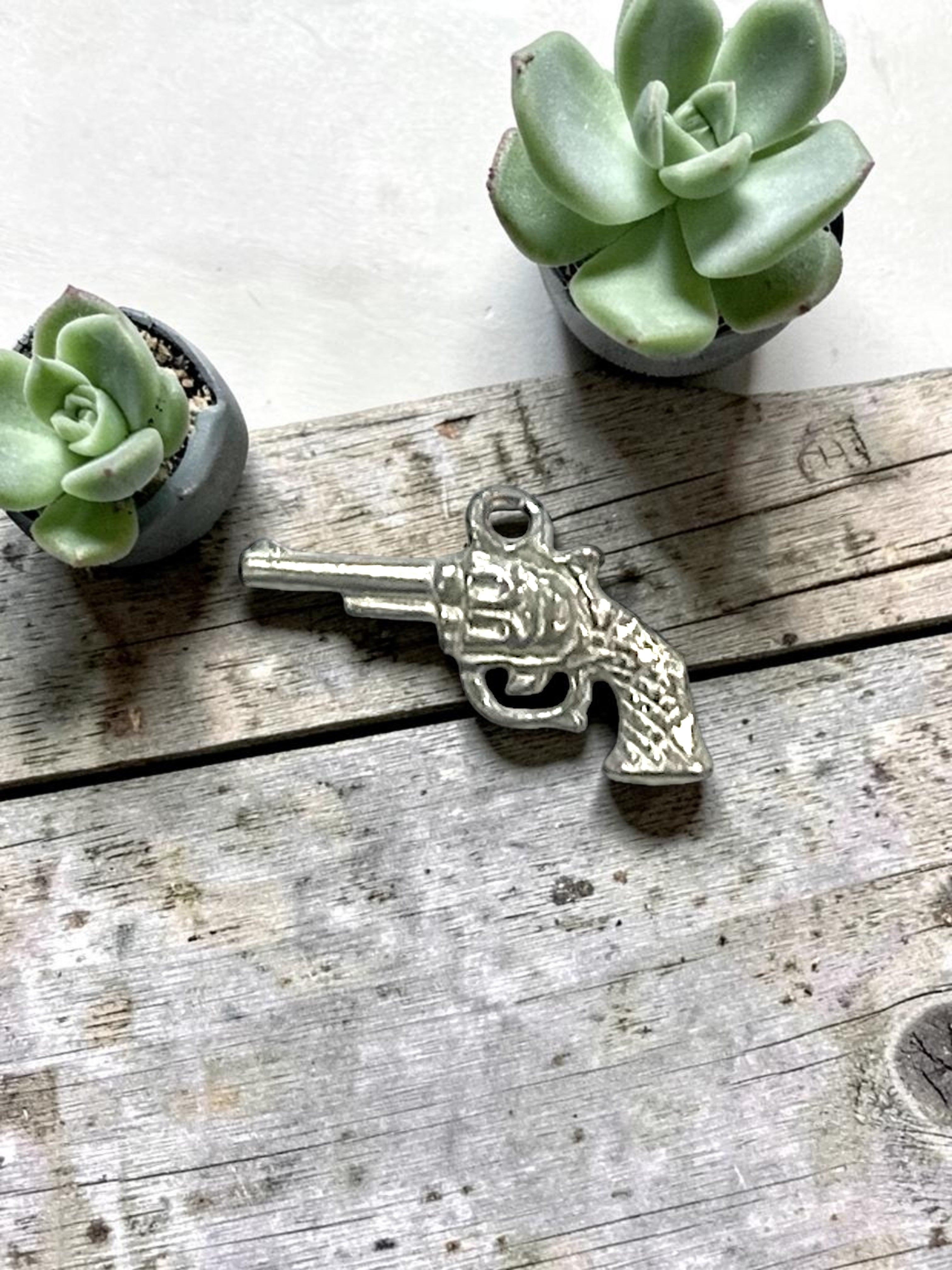Silver Revolver Pistol Gun Pewter Charm Pendant | Travel Charm